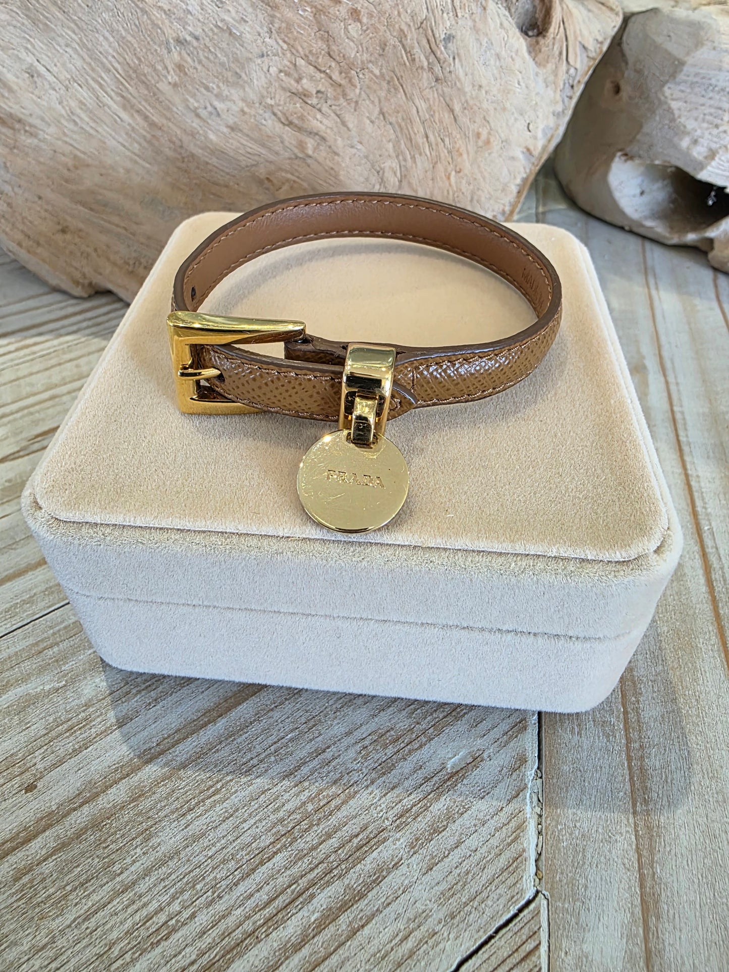 Prada Saffiano Leather Buckle Bracelet - Tan and Gold