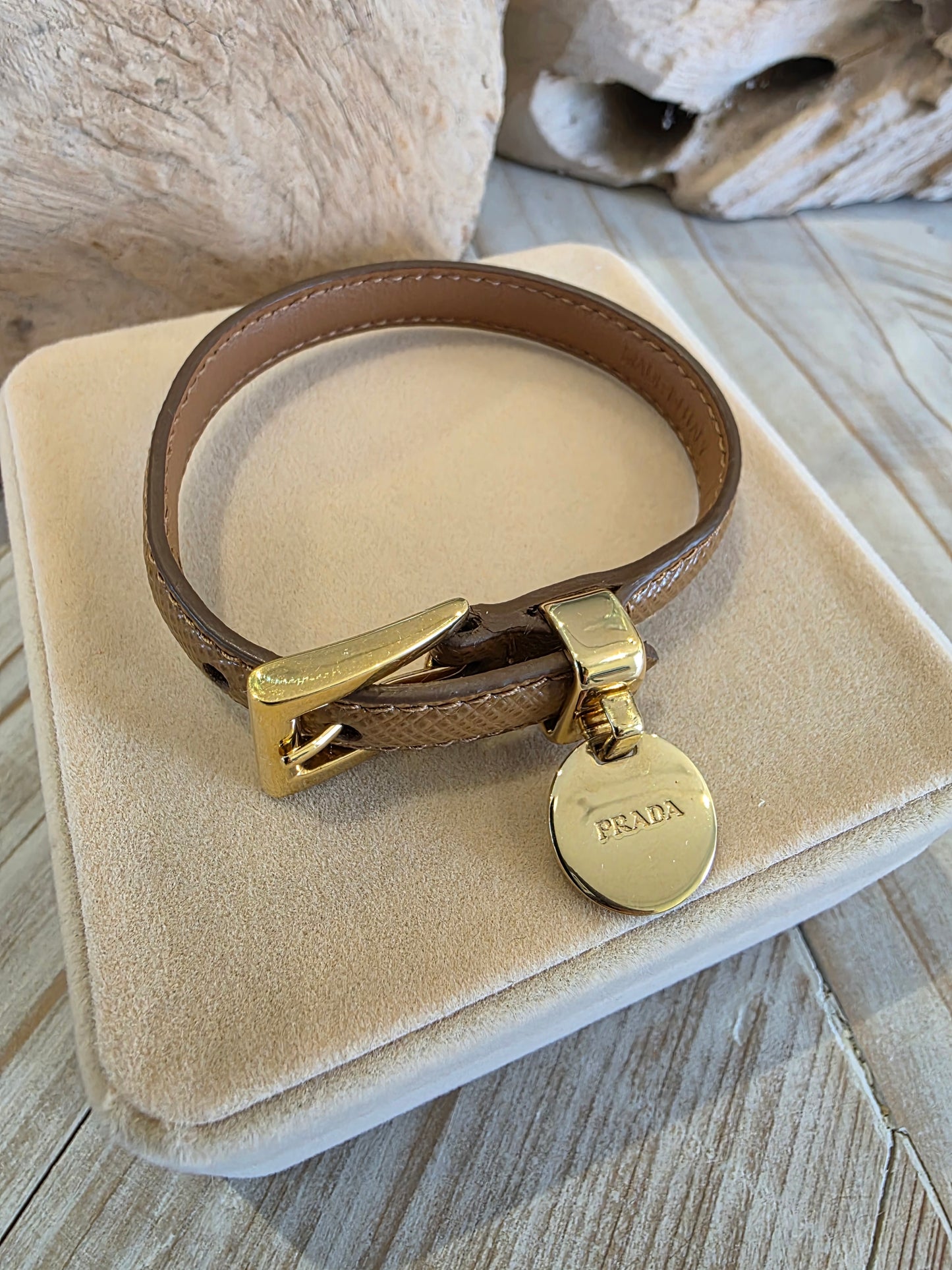 Prada Saffiano Leather Buckle Bracelet - Tan and Gold