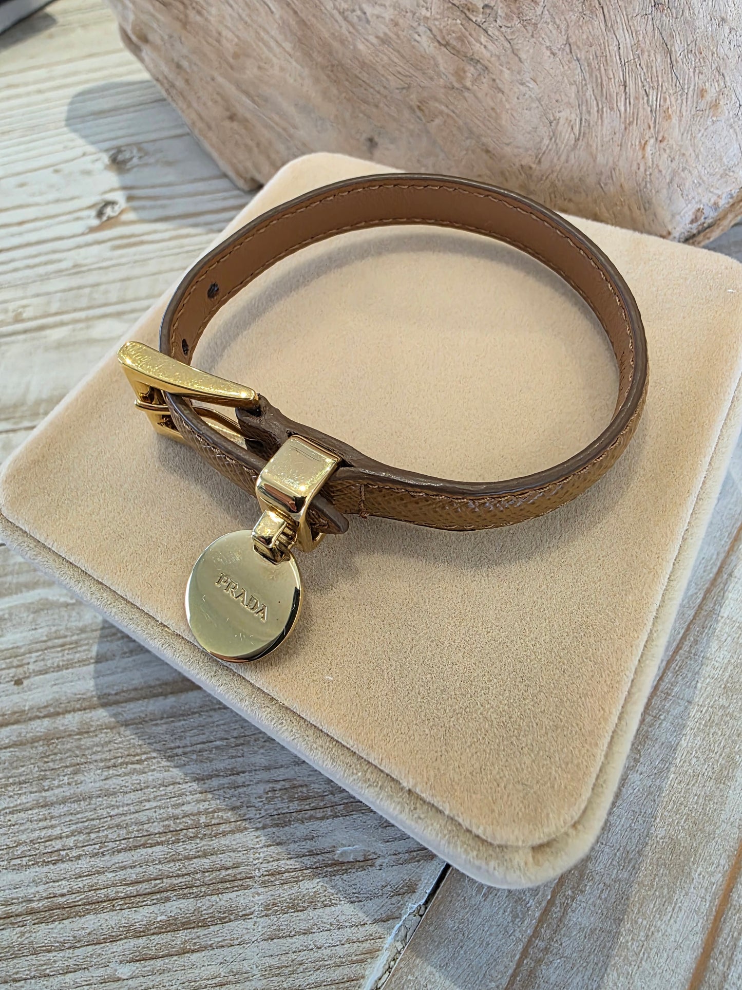Prada Saffiano Leather Buckle Bracelet - Tan and Gold