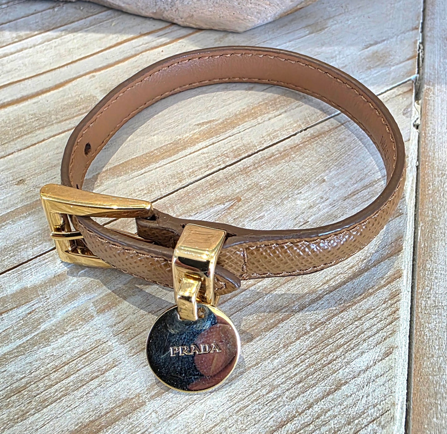 Prada Saffiano Leather Buckle Bracelet - Tan and Gold