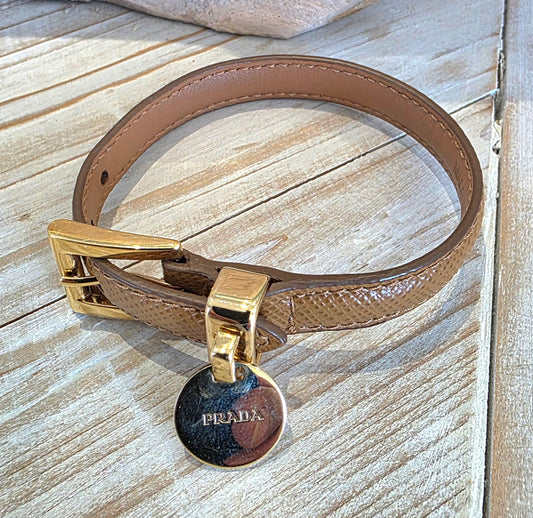 Prada Saffiano Leather Buckle Bracelet - Tan and Gold
