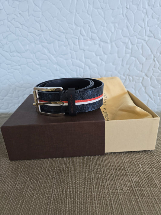 Louis Vuitton Monogram Navy Coated Canvas/Leather Belt with Red/White Stripe Sz. 95 CM