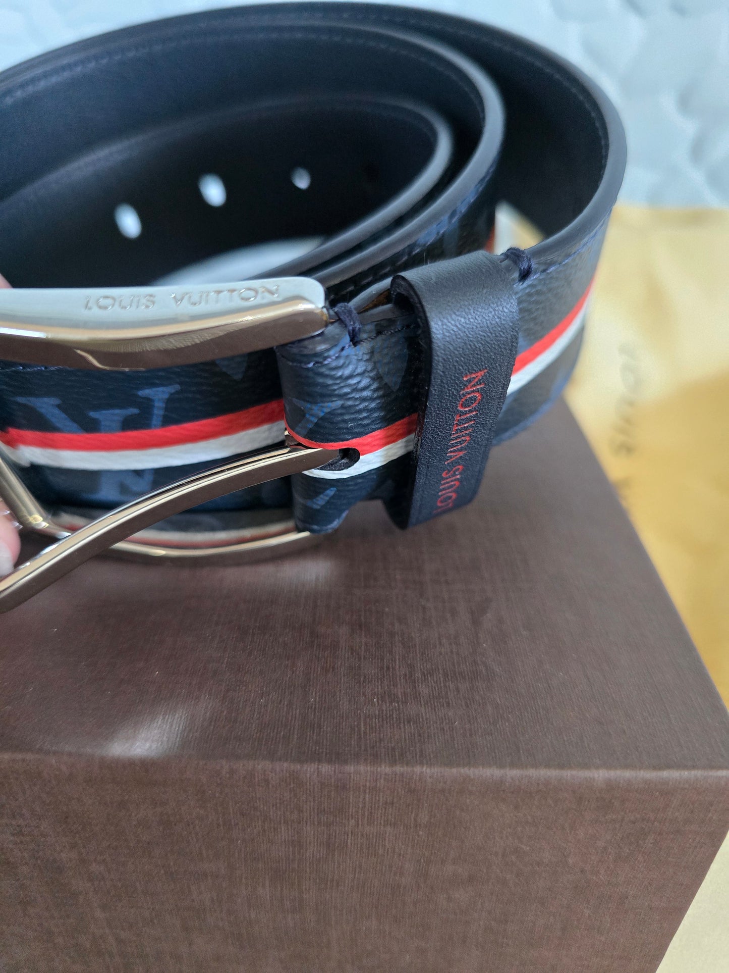 Louis Vuitton Monogram Navy Coated Canvas/Leather Belt with Red/White Stripe Sz. 95 CM