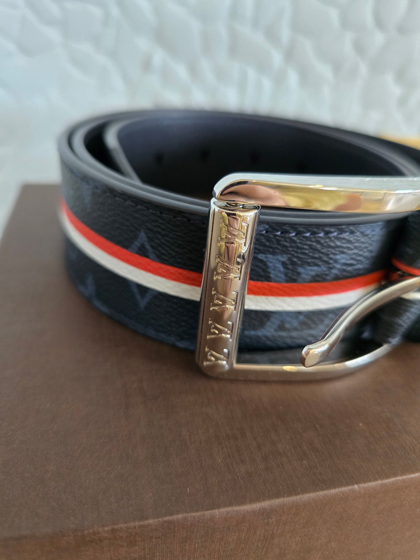 Louis Vuitton Monogram Navy Coated Canvas/Leather Belt with Red/White Stripe Sz. 95 CM