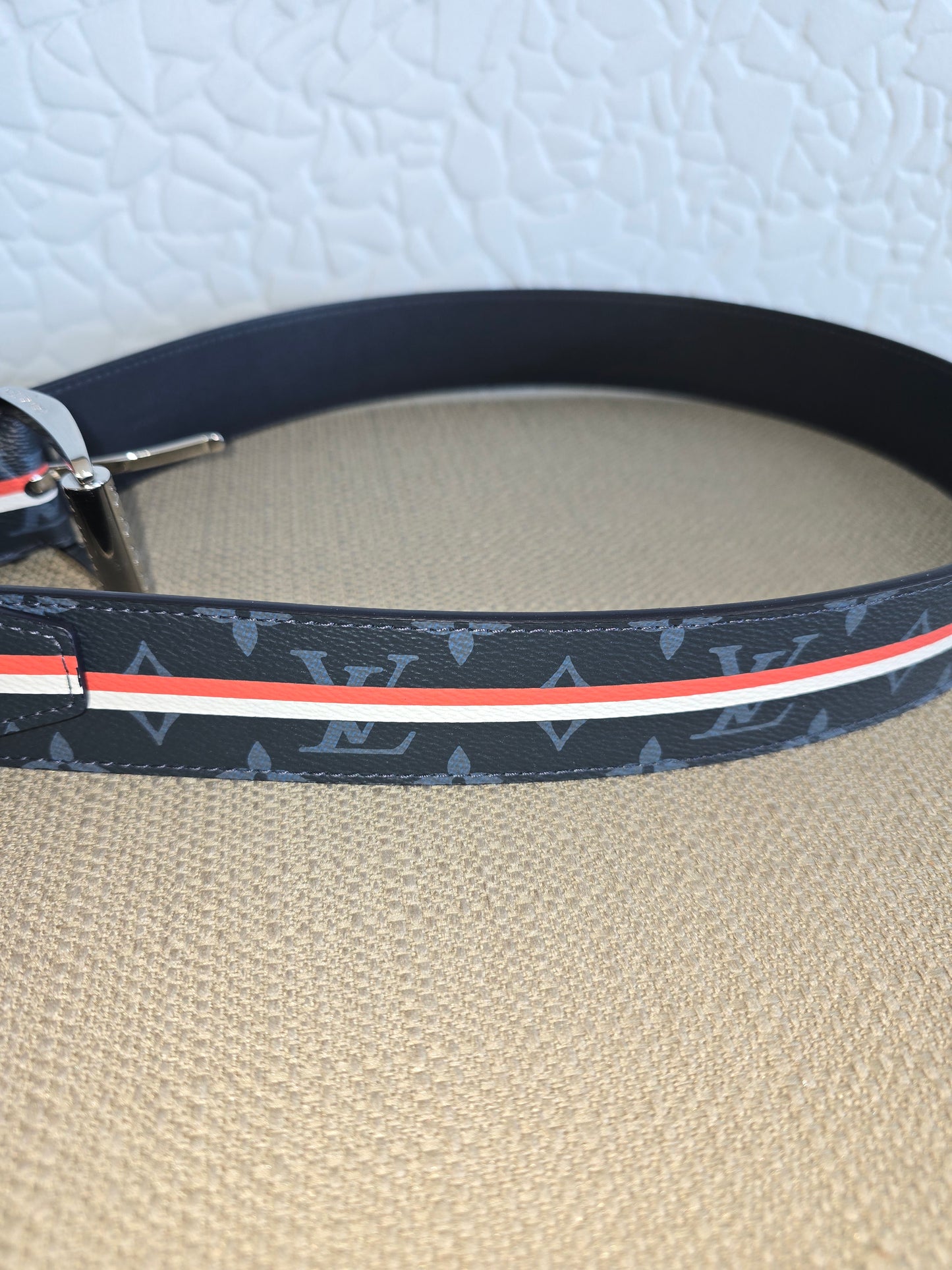 Louis Vuitton Monogram Navy Coated Canvas/Leather Belt with Red/White Stripe Sz. 95 CM