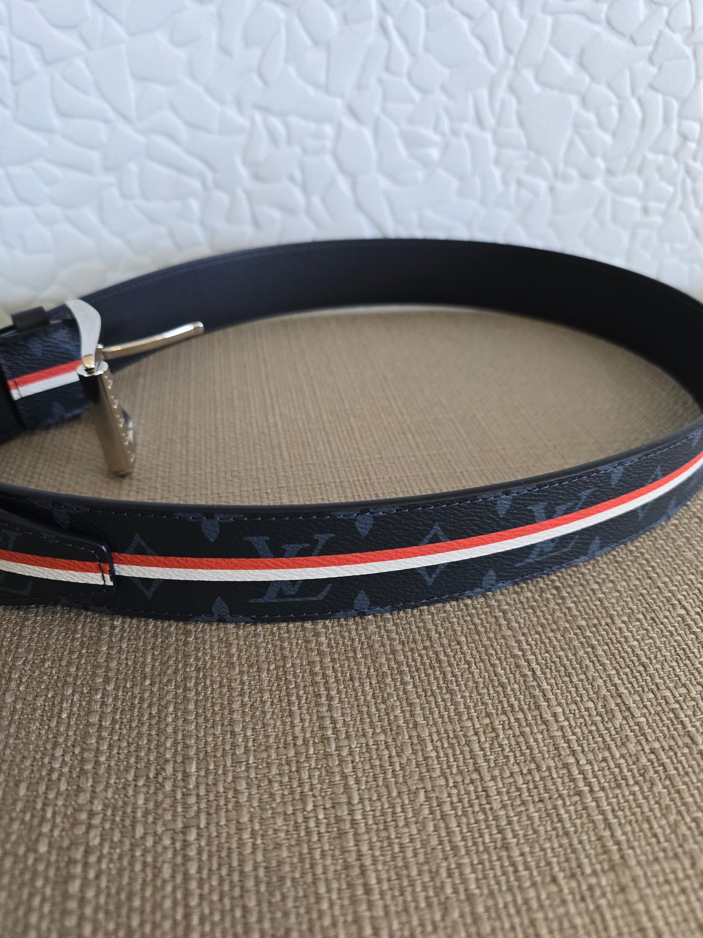 Louis Vuitton Monogram Navy Coated Canvas/Leather Belt with Red/White Stripe Sz. 95 CM