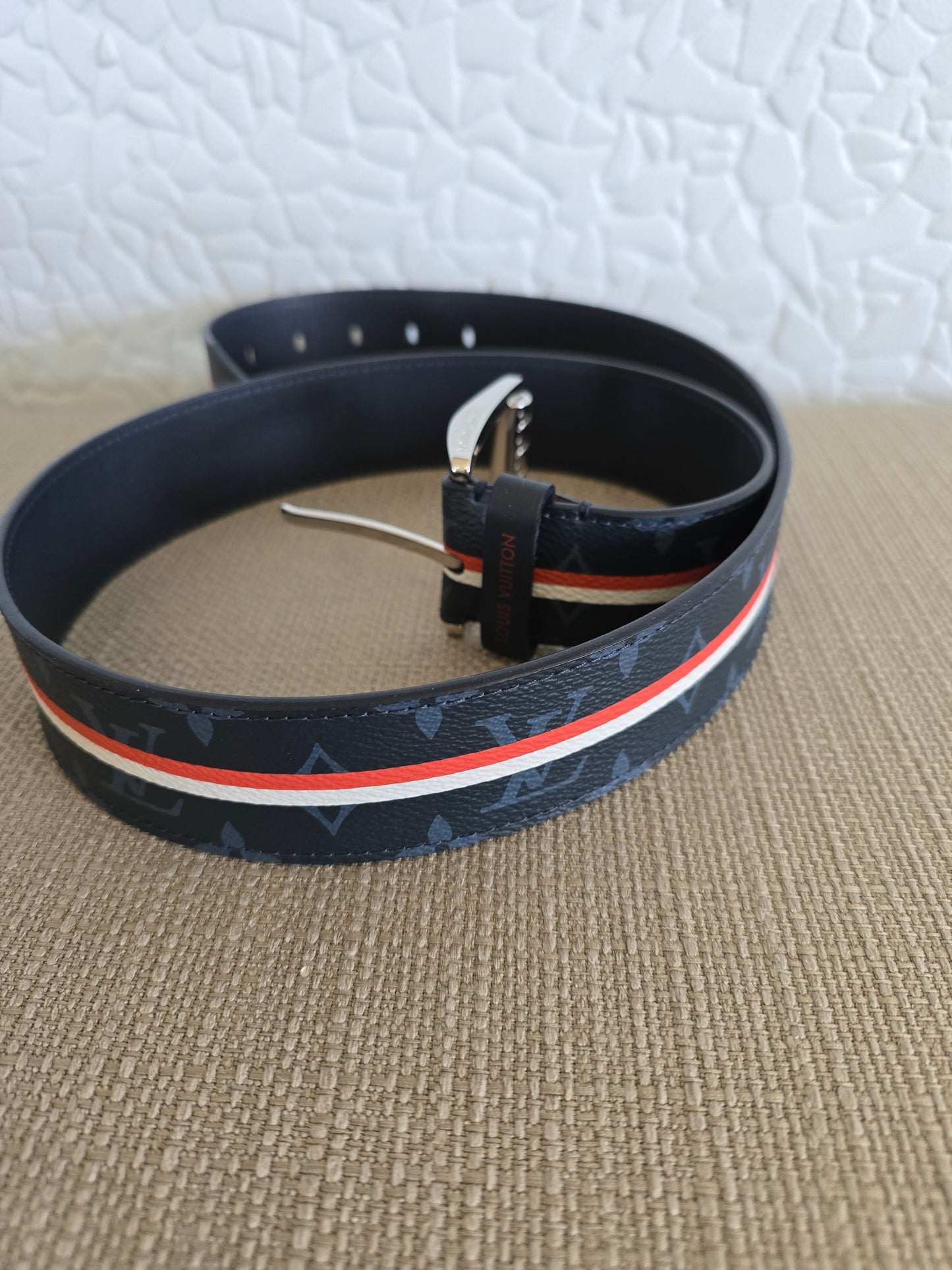 Louis Vuitton Monogram Navy Coated Canvas/Leather Belt with Red/White Stripe Sz. 95 CM