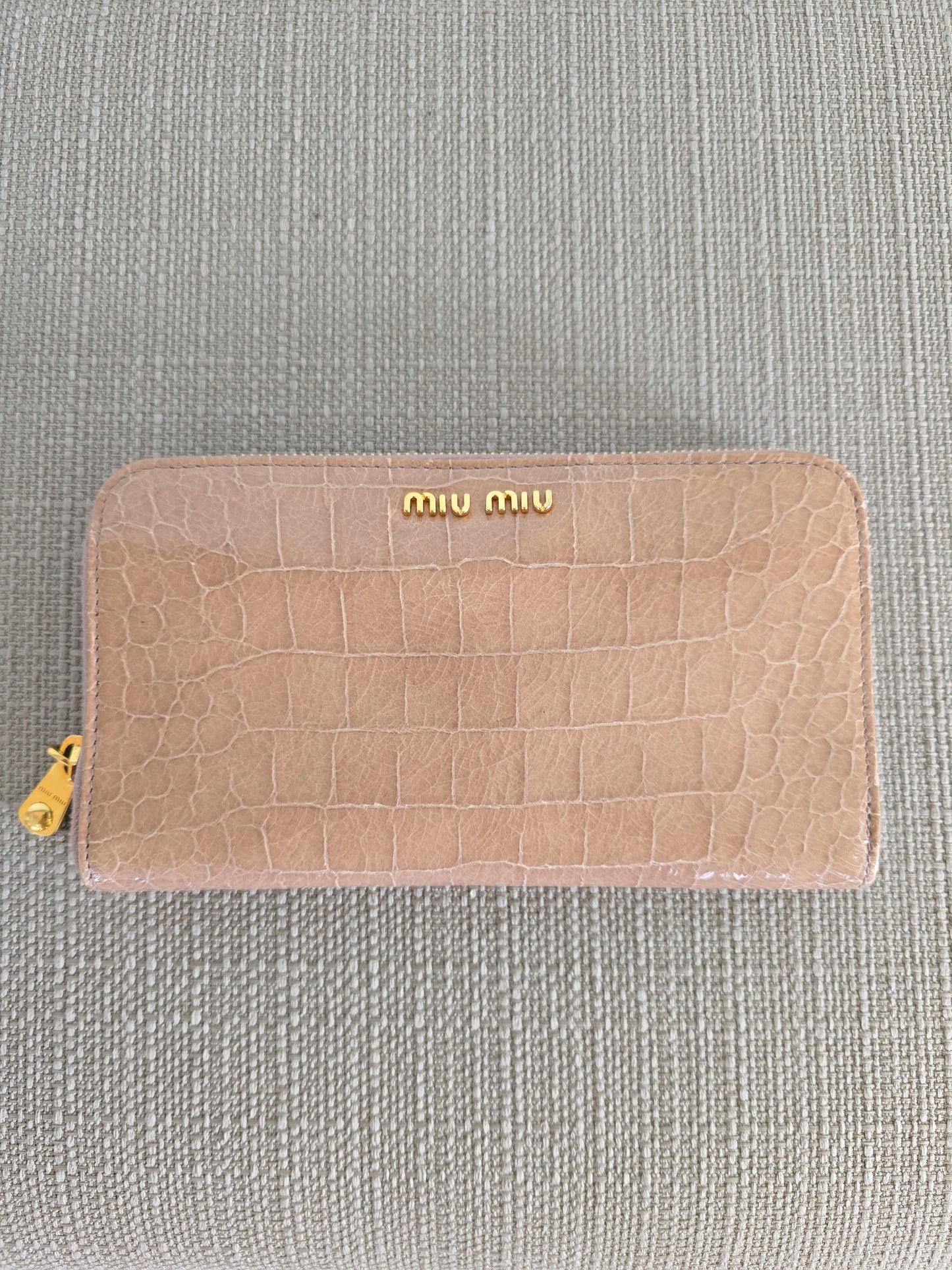 Miu Miu Croc Embossed Tan Leather Zipper Long Wallet
