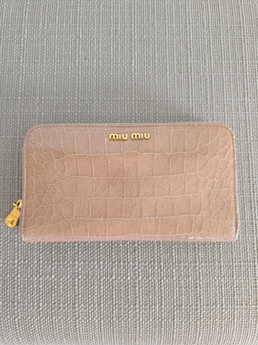 Miu Miu Croc Embossed Tan Leather Zipper Long Wallet