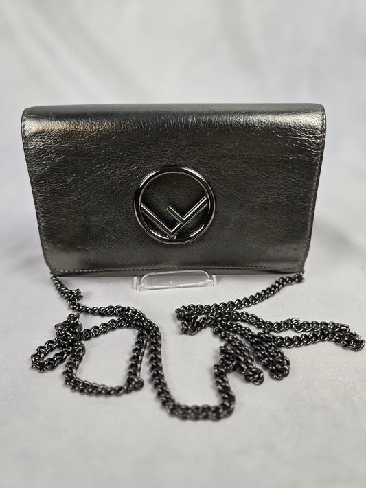 Fendi Metallic Graphite Wallet on Chain/Crossbody