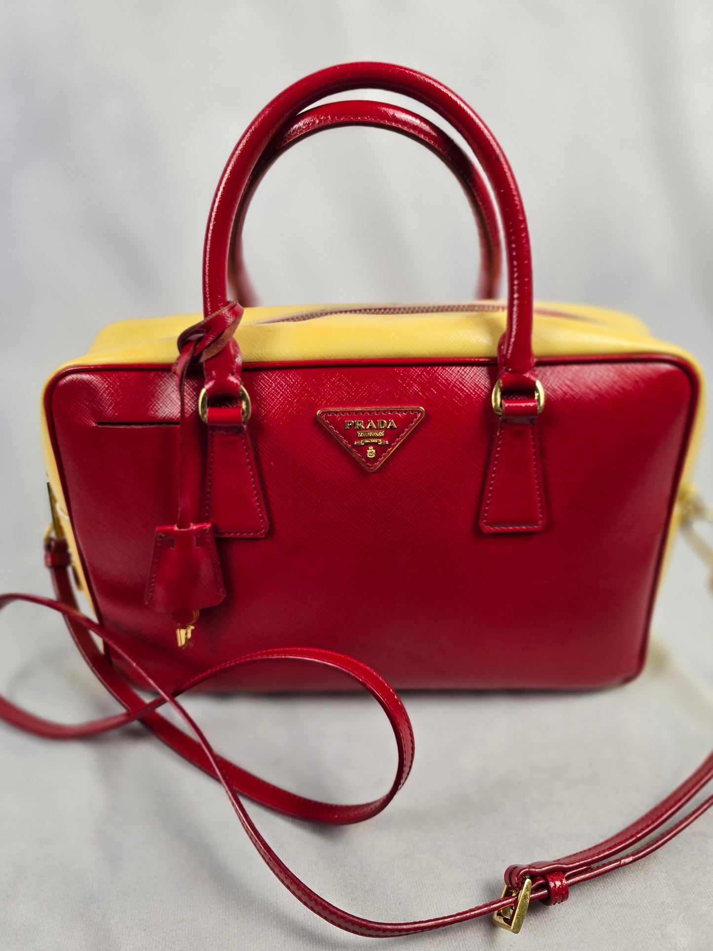 Prada Saffiano Bicolor Double Top Handle Bag in Red and Yellow