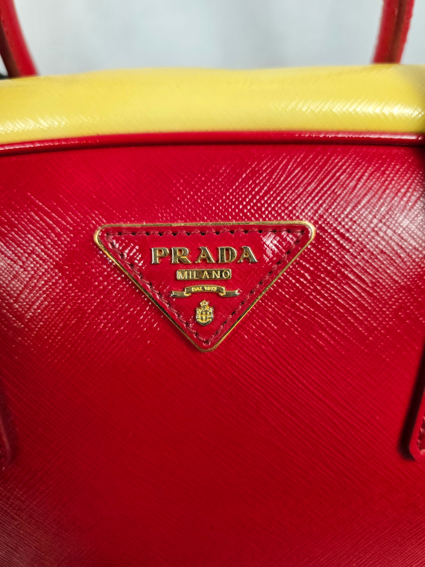 Prada Saffiano Bicolor Double Top Handle Bag in Red and Yellow