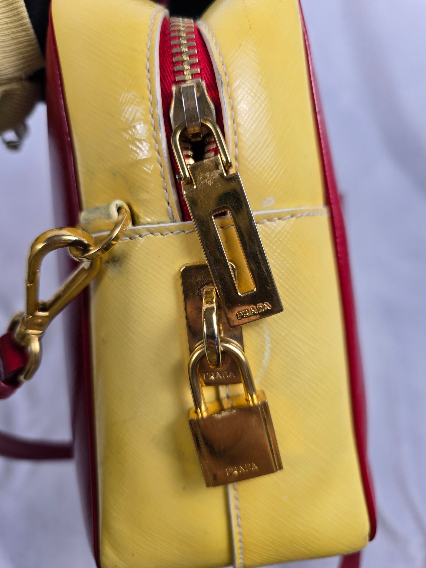 Prada Saffiano Bicolor Double Top Handle Bag in Red and Yellow