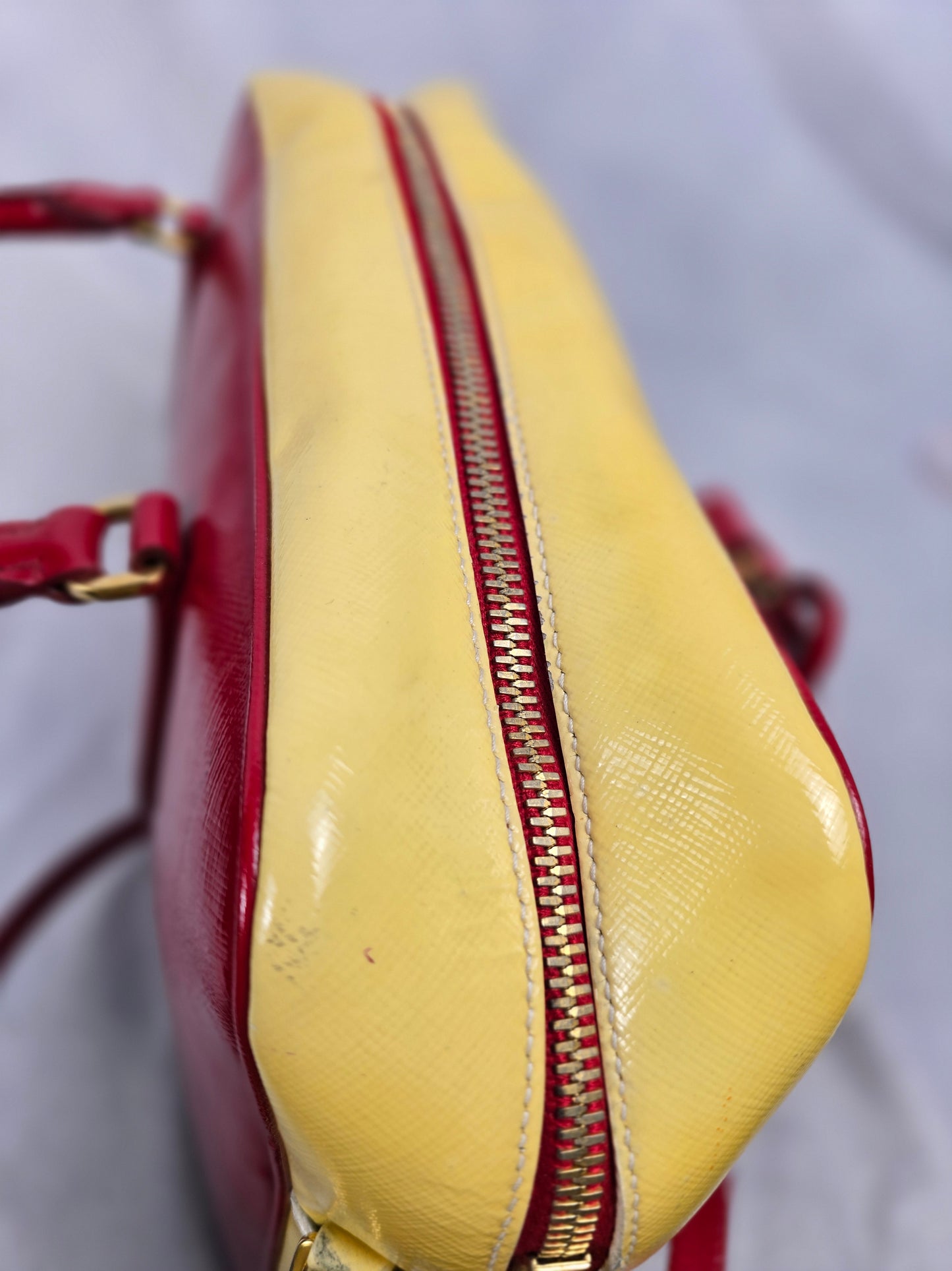 Prada Saffiano Bicolor Double Top Handle Bag in Red and Yellow
