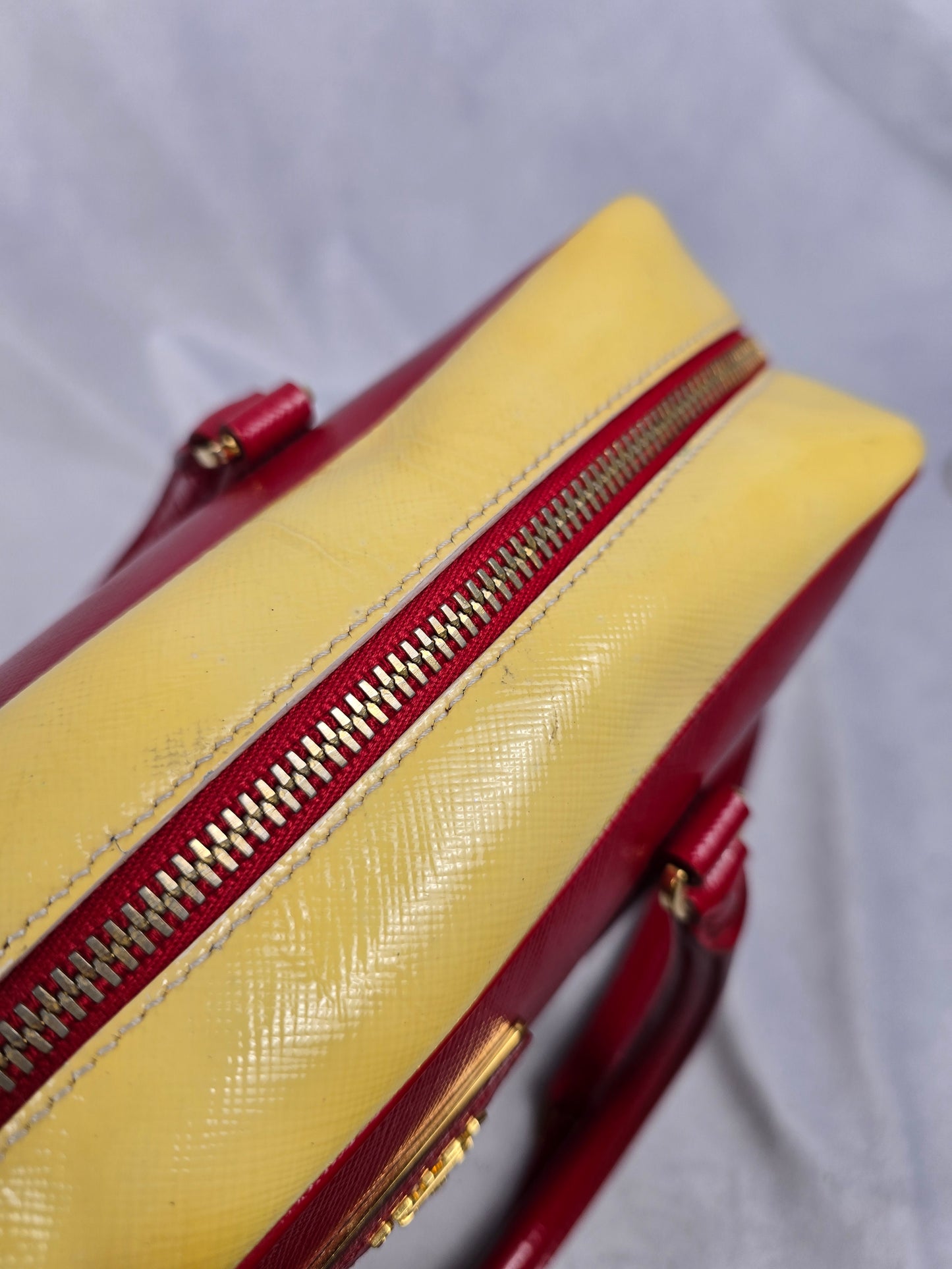 Prada Saffiano Bicolor Double Top Handle Bag in Red and Yellow