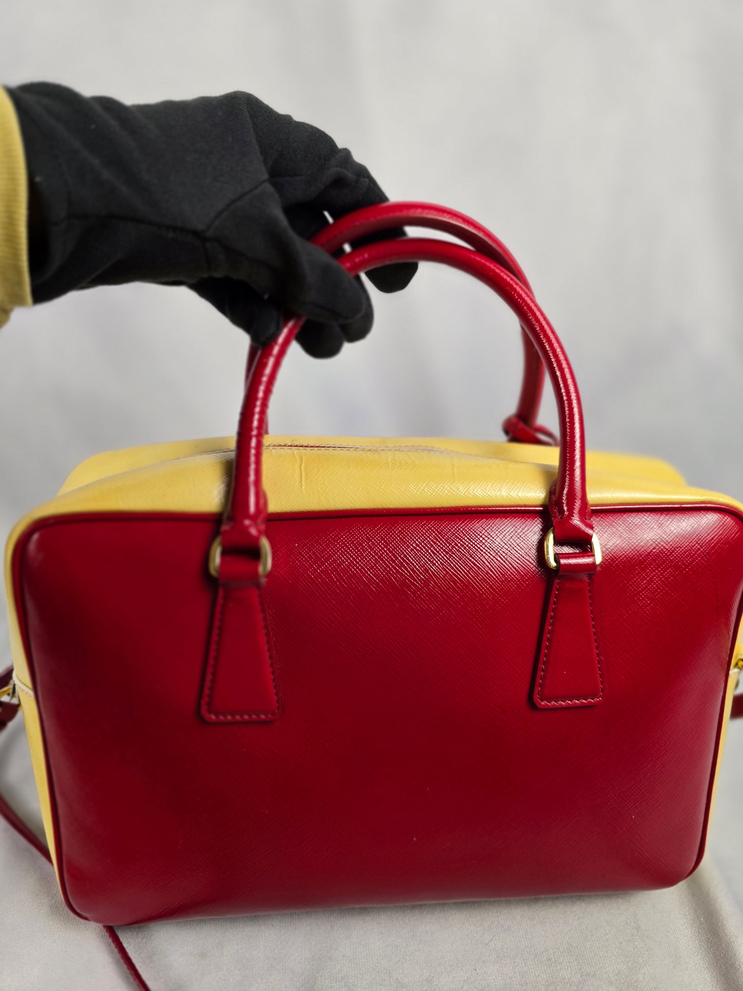 Prada Saffiano Bicolor Double Top Handle Bag in Red and Yellow