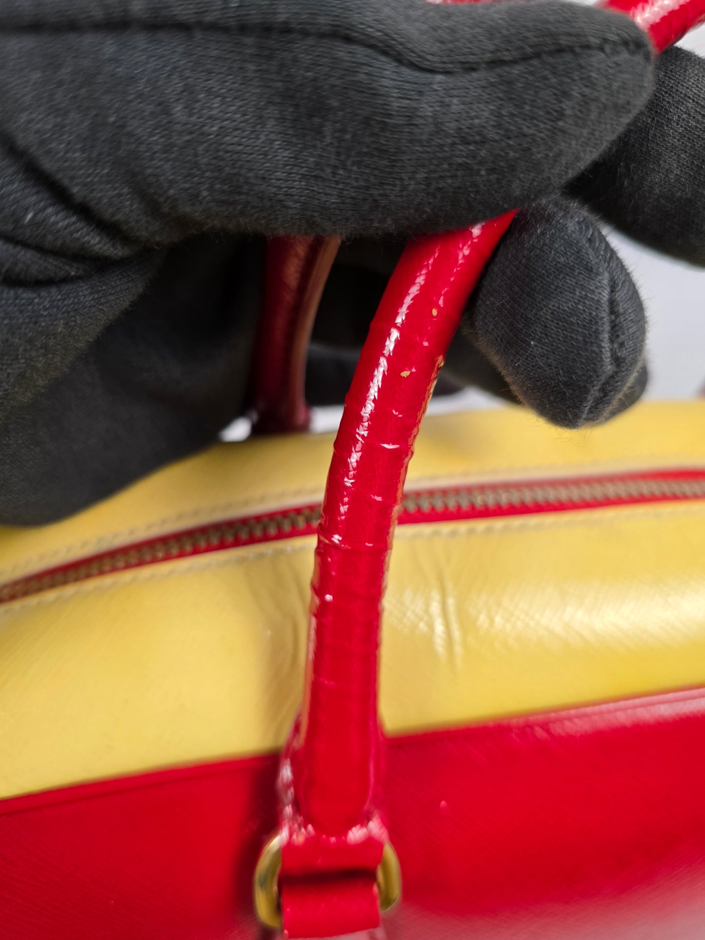 Prada Saffiano Bicolor Double Top Handle Bag in Red and Yellow