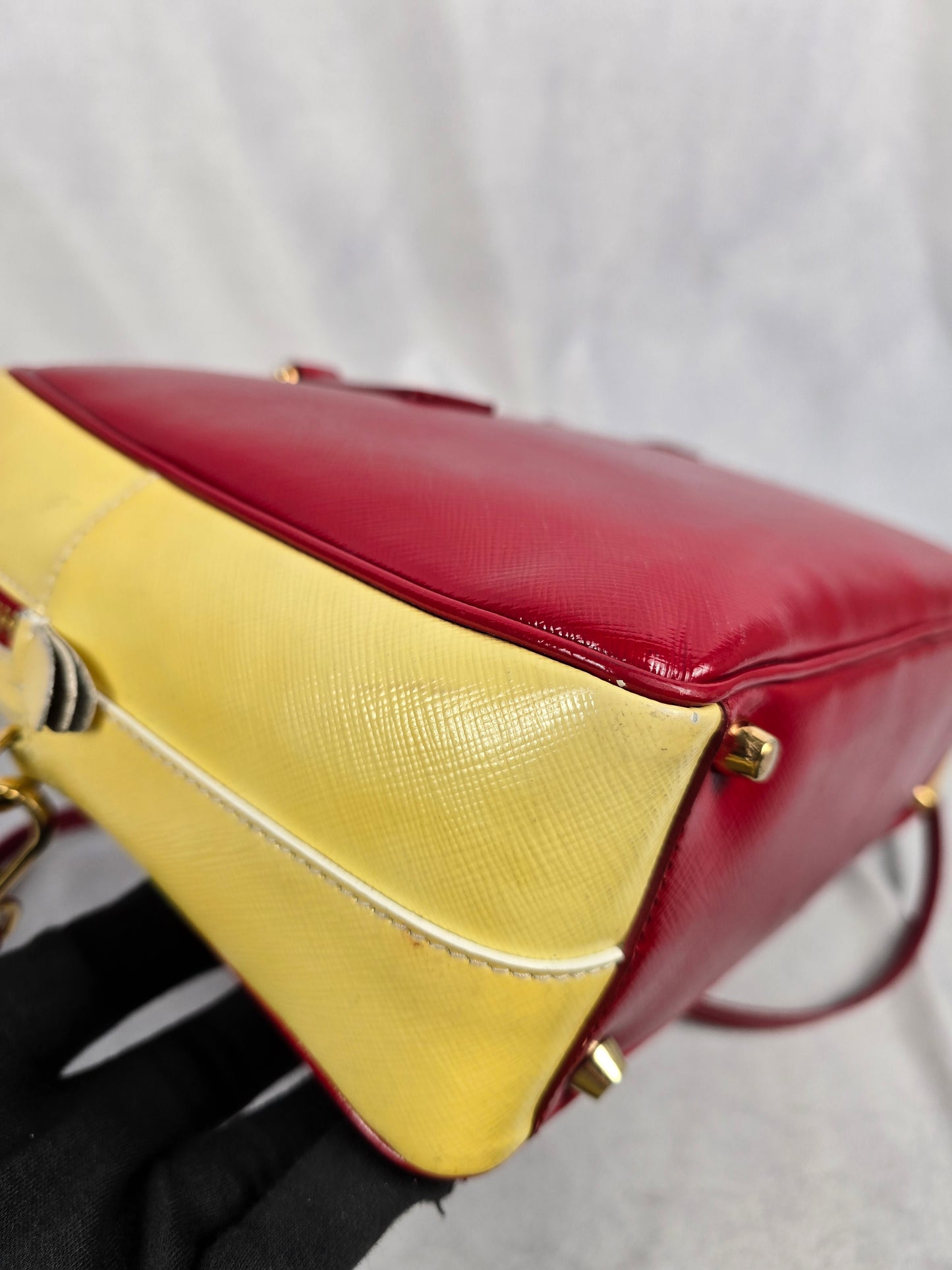 Prada Saffiano Bicolor Double Top Handle Bag in Red and Yellow