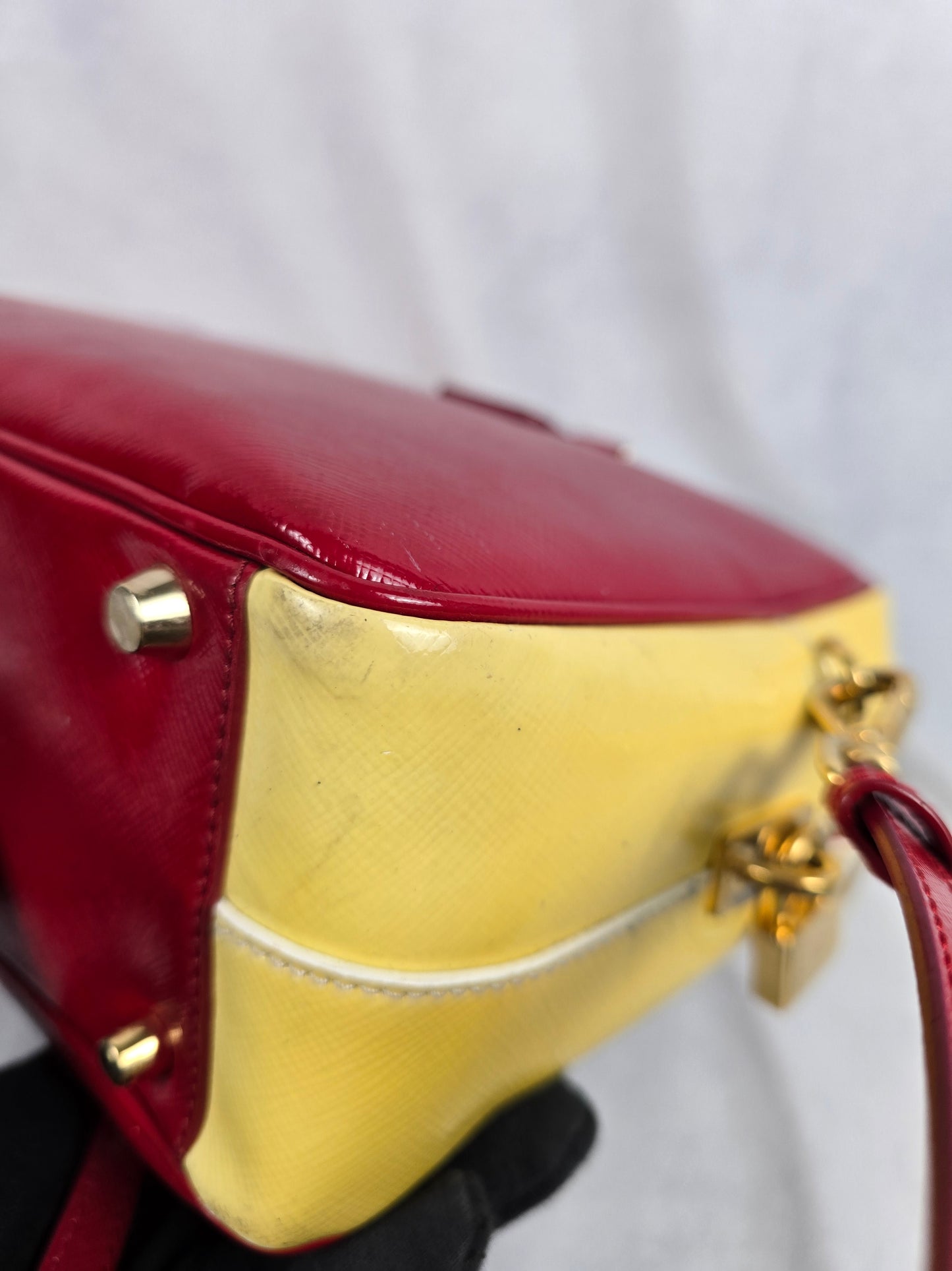 Prada Saffiano Bicolor Double Top Handle Bag in Red and Yellow