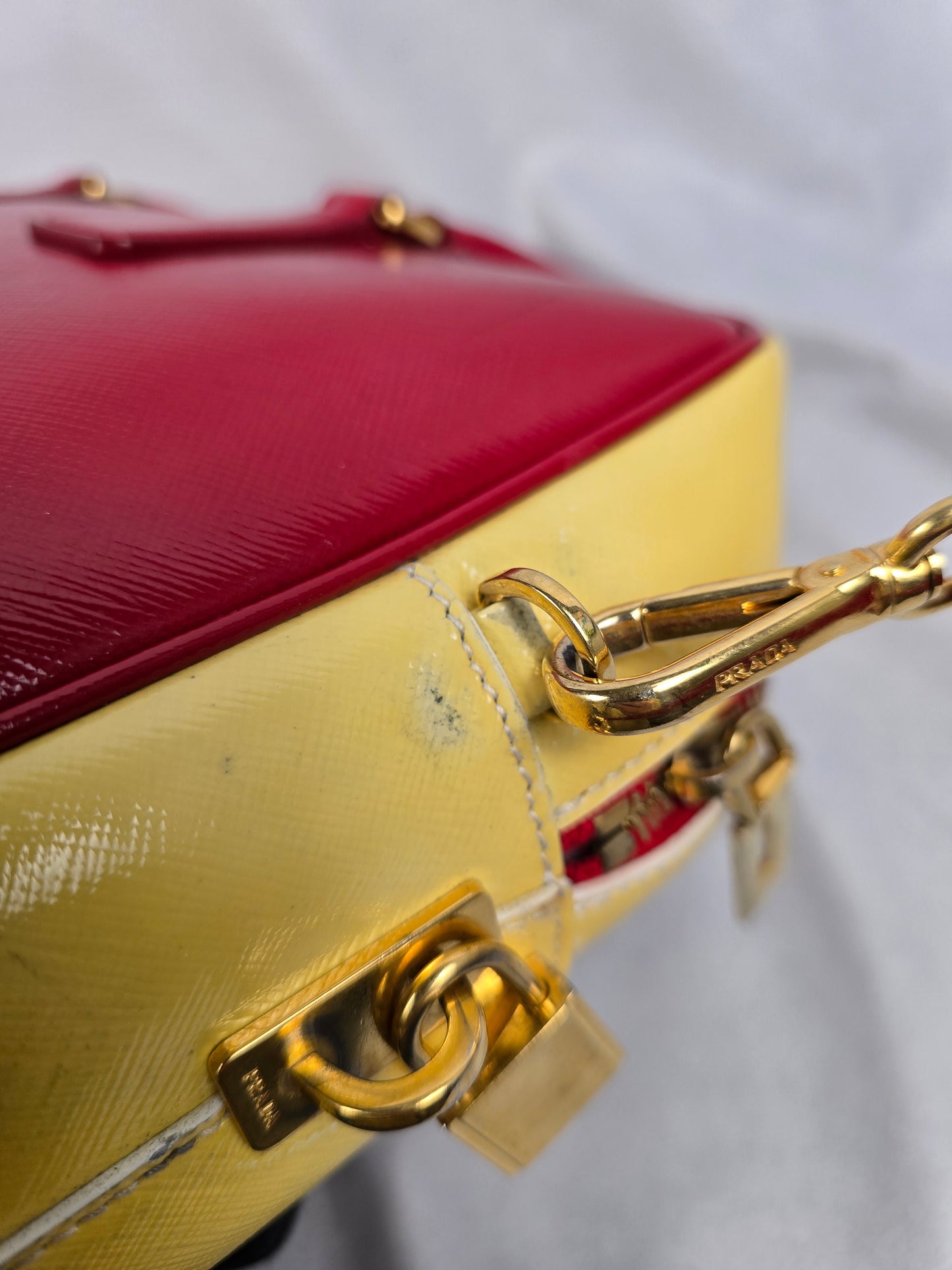Prada Saffiano Bicolor Double Top Handle Bag in Red and Yellow