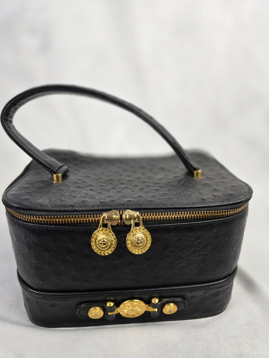 Gianni Versace Logo Sunburst Vintage Vanity Bag in Black Ostrich