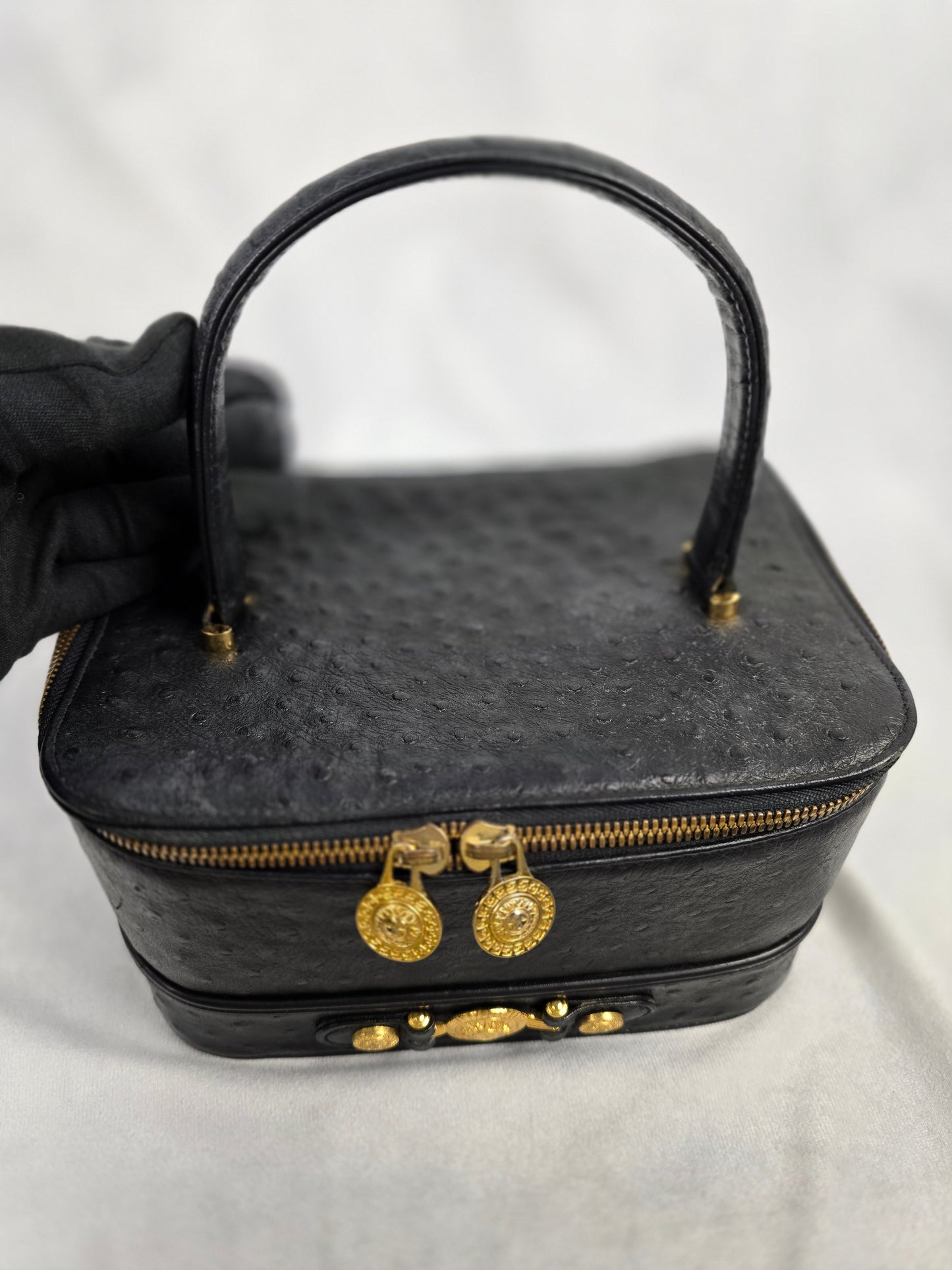 Gianni Versace Logo Sunburst Vintage Vanity Bag in Black Ostrich