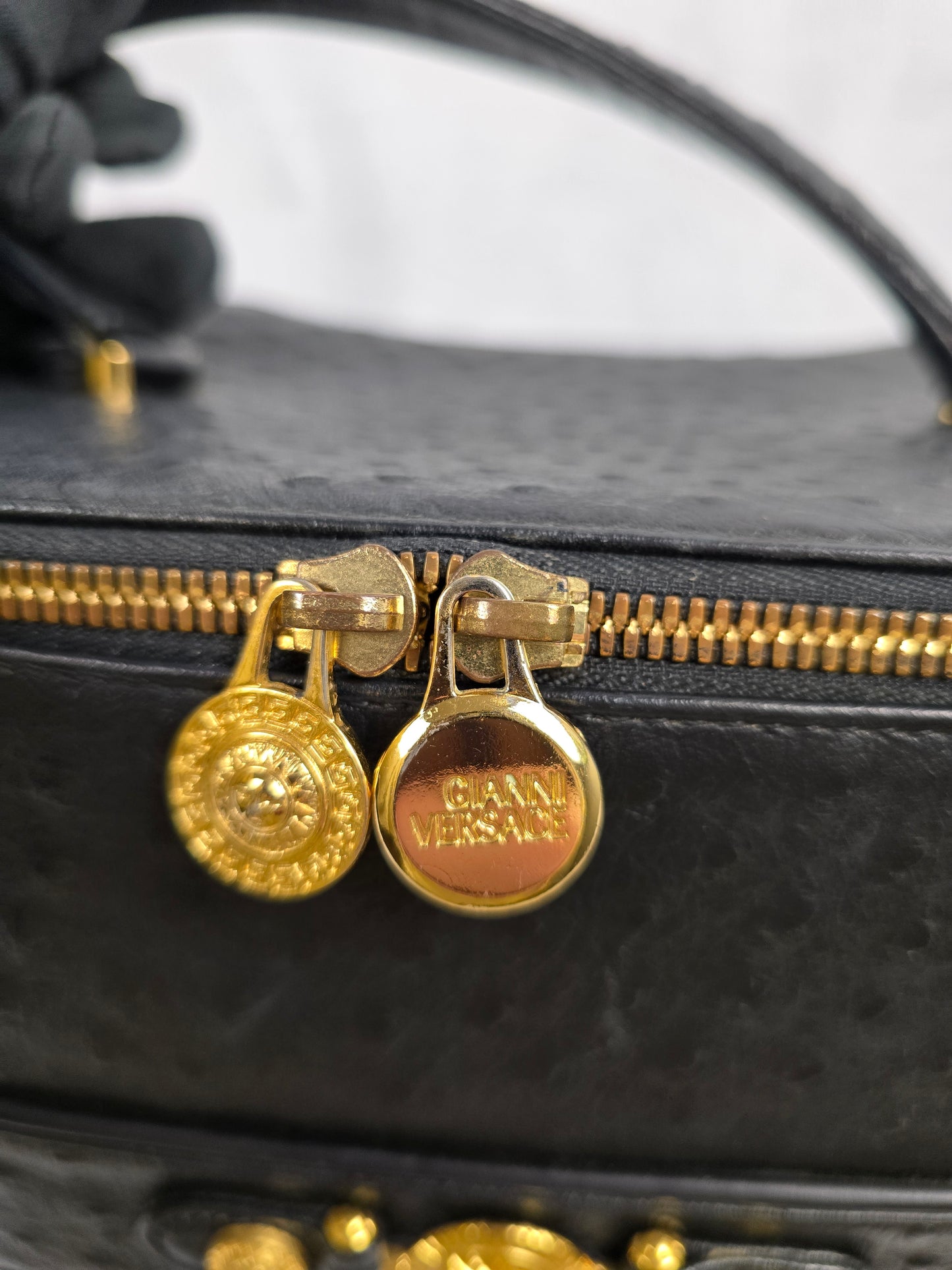 Gianni Versace Logo Sunburst Vintage Vanity Bag in Black Ostrich