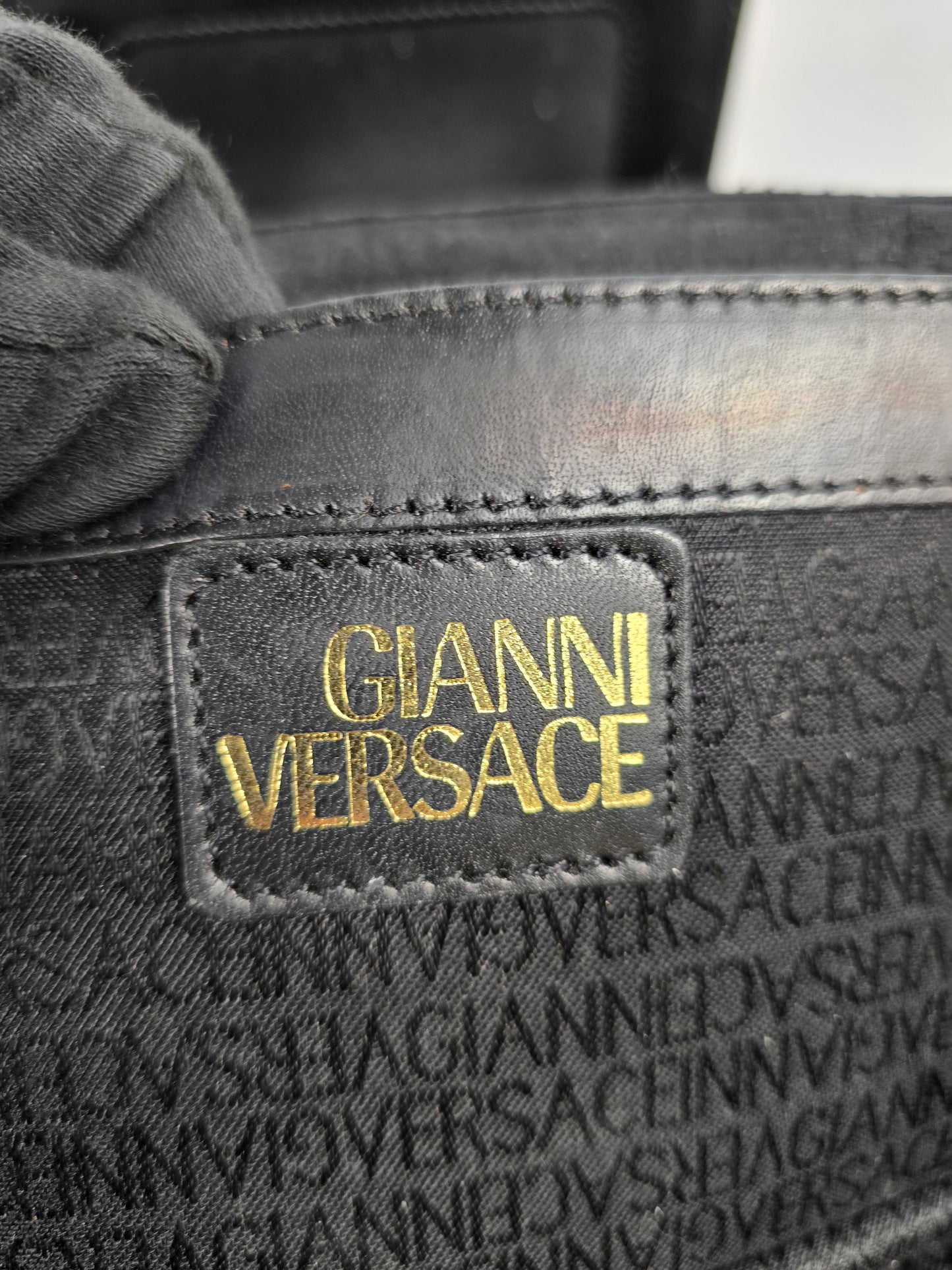 Gianni Versace Logo Sunburst Vintage Vanity Bag in Black Ostrich