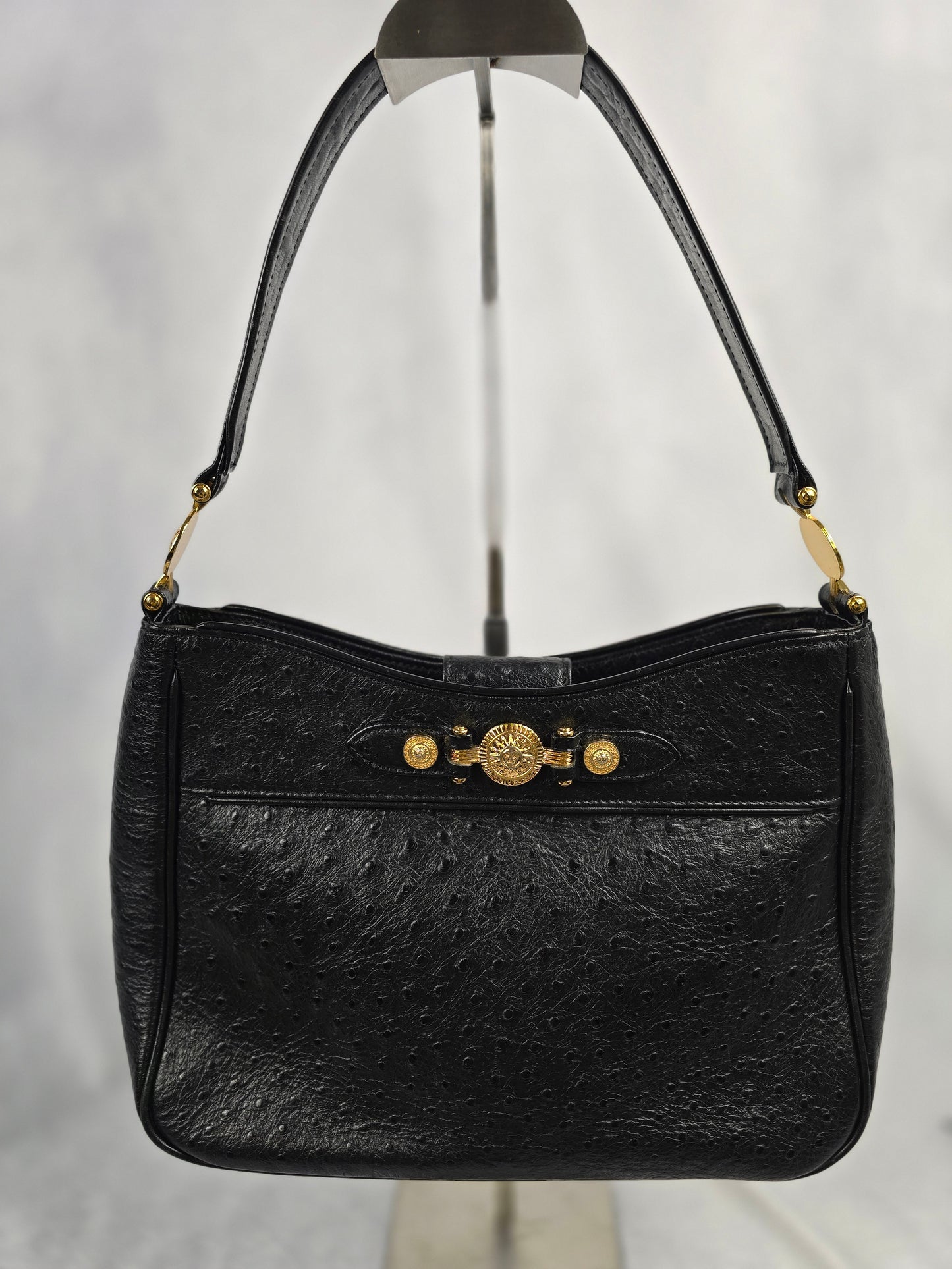 Gianni Versace Logo Sunburst Shoulder Bag in Black Ostrich Leather