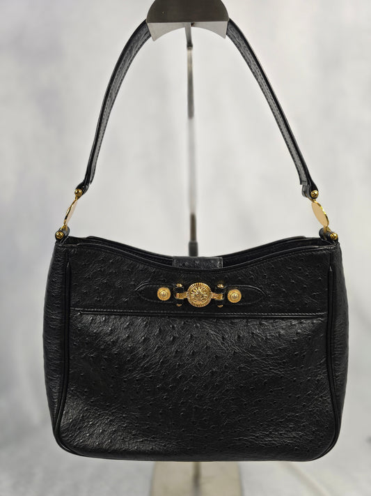 Gianni Versace Logo Sunburst Shoulder Bag in Black Ostrich Leather