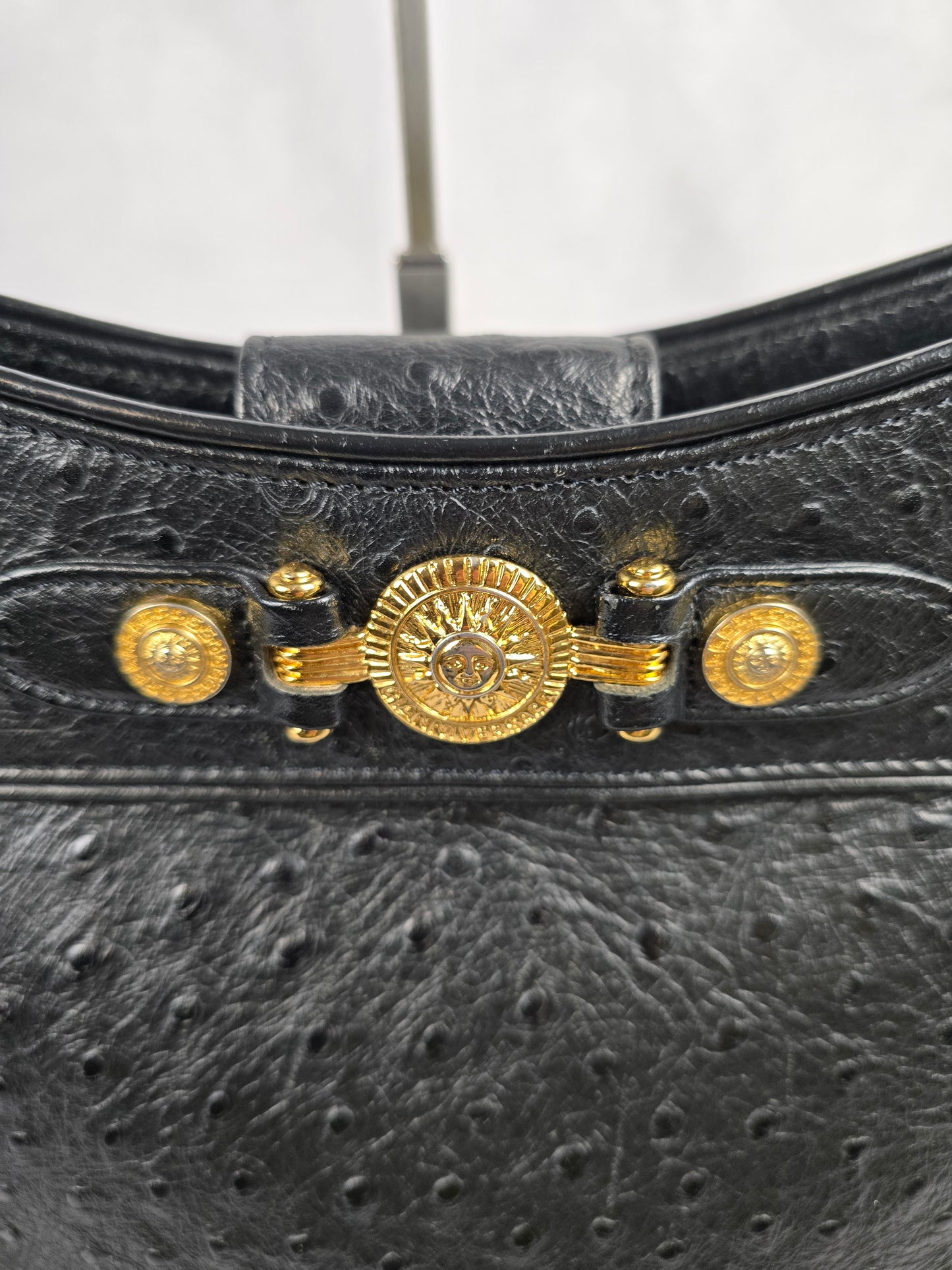 Gianni Versace Logo Sunburst Shoulder Bag in Black Ostrich Leather