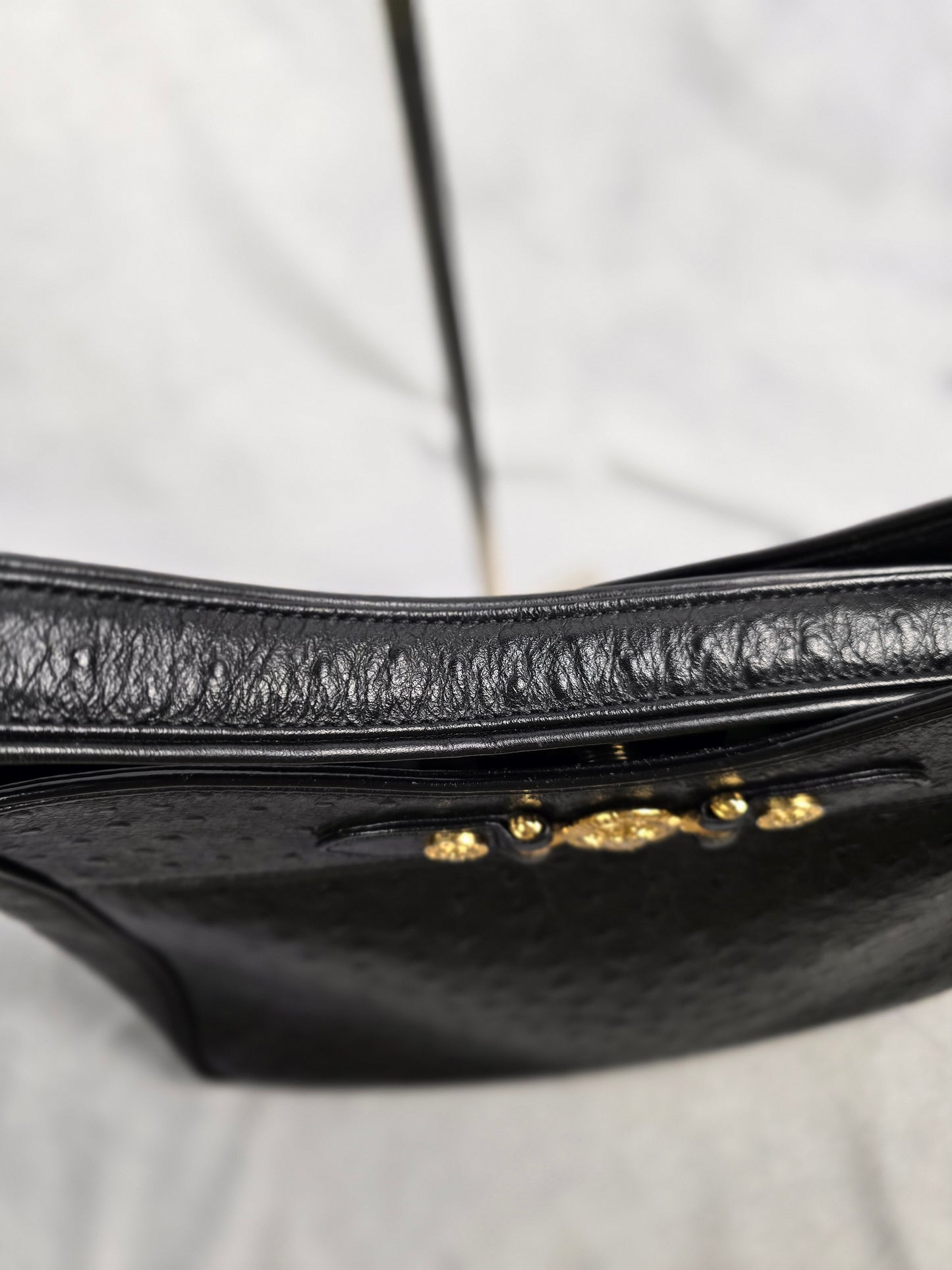 Gianni Versace Logo Sunburst Shoulder Bag in Black Ostrich Leather