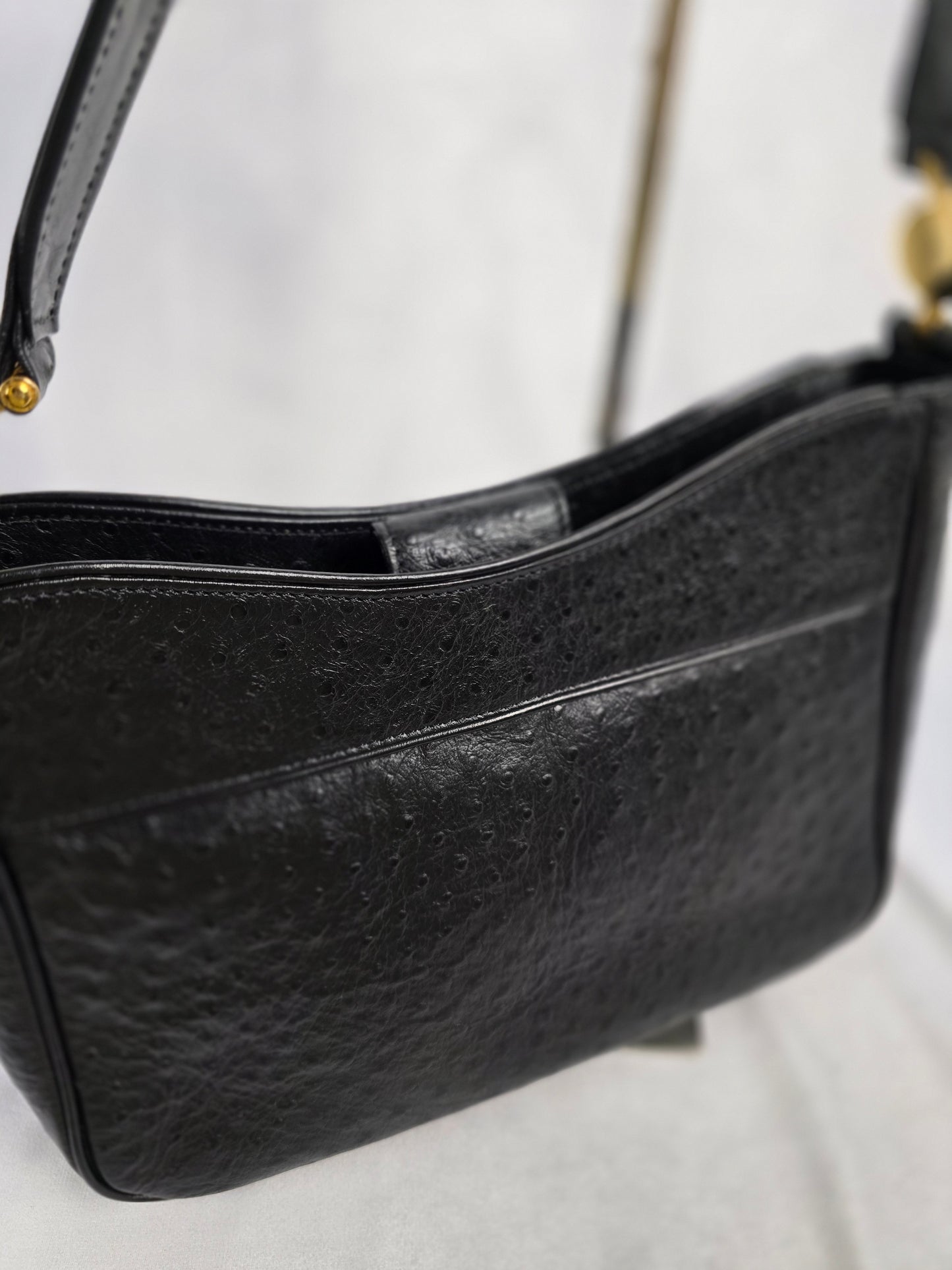 Gianni Versace Logo Sunburst Shoulder Bag in Black Ostrich Leather