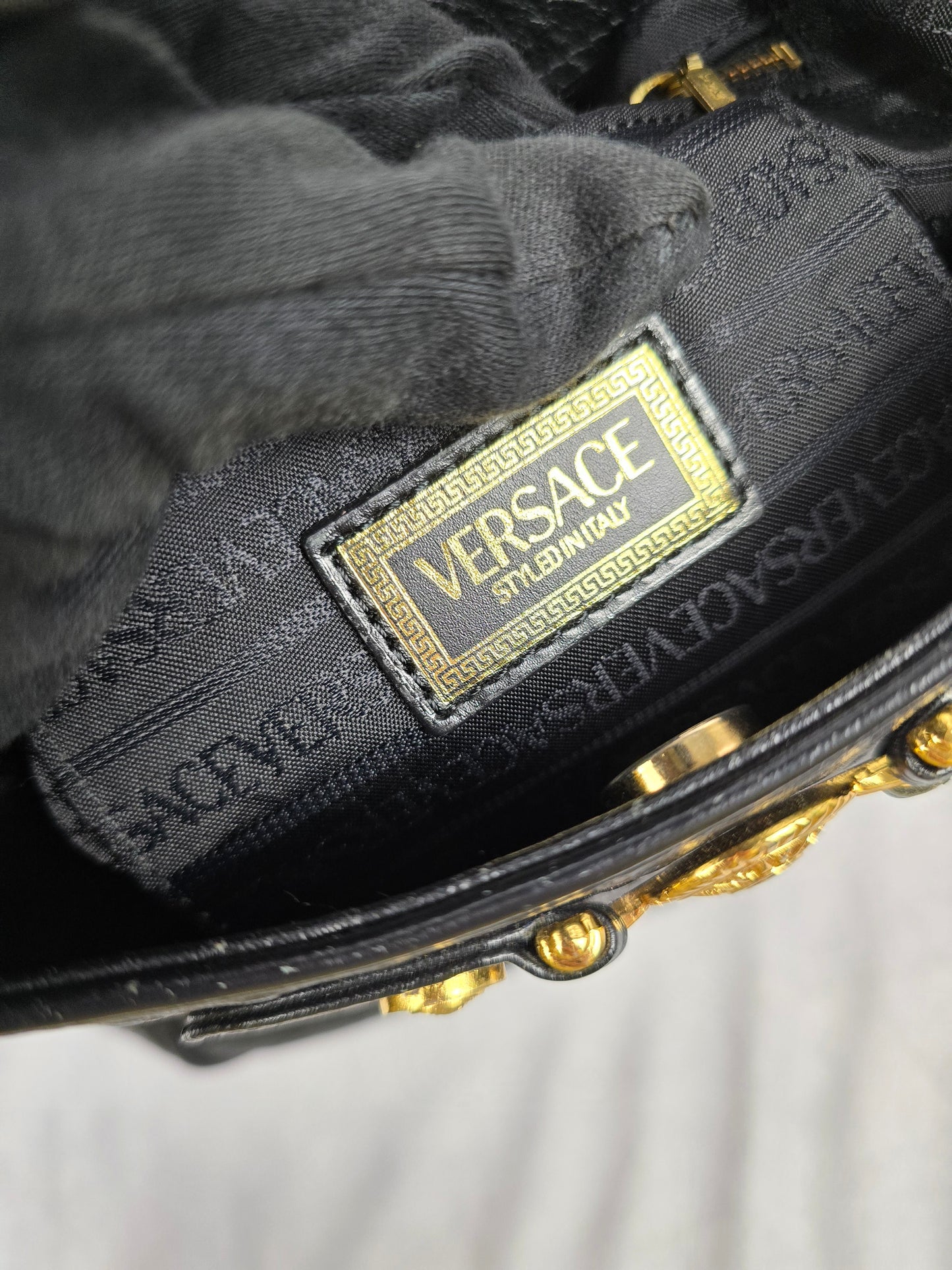 Gianni Versace Logo Sunburst Shoulder Bag in Black Ostrich Leather