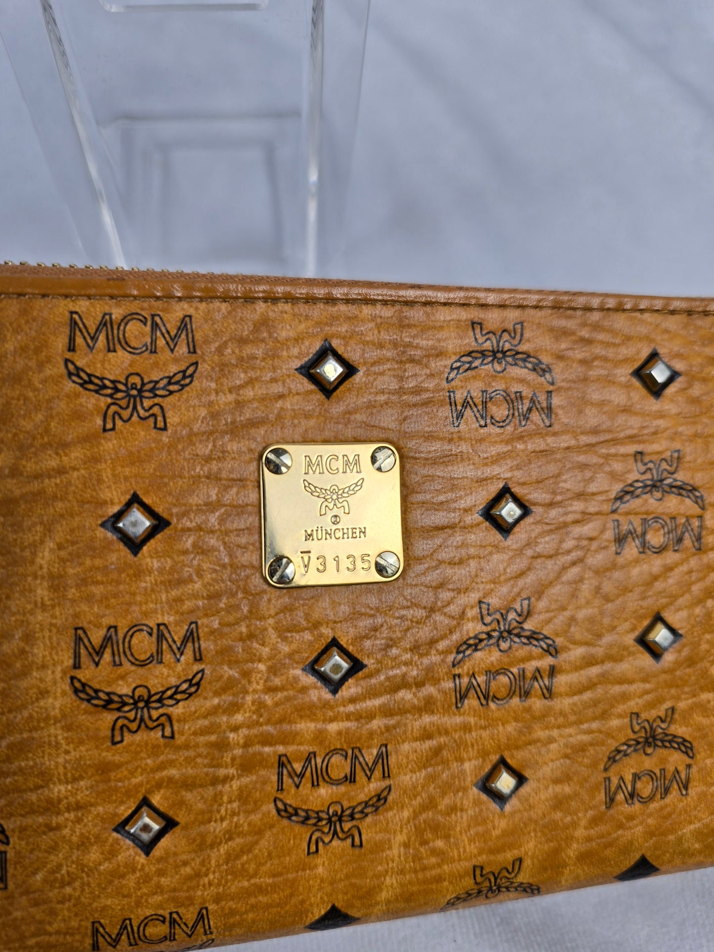 MCM Visetos Heritage Large Zip Around Wallet in Cognac