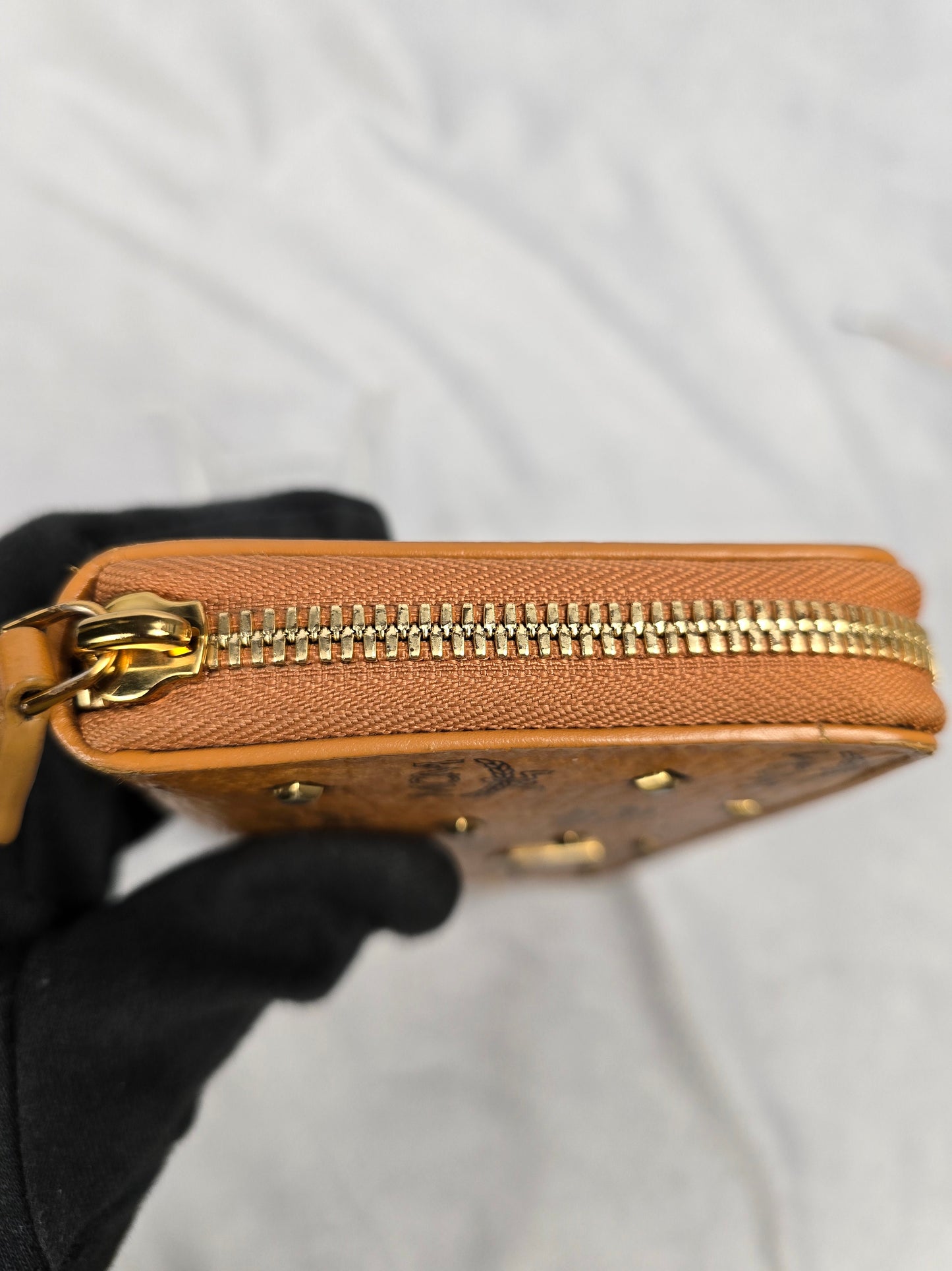 MCM Visetos Heritage Large Zip Around Wallet in Cognac
