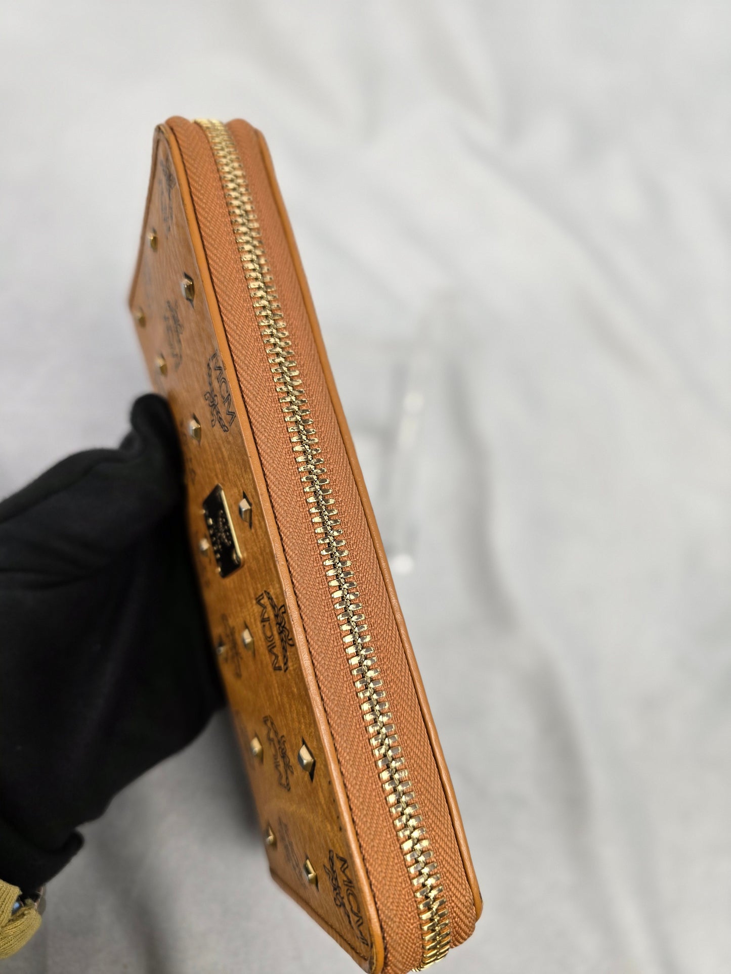 MCM Visetos Heritage Large Zip Around Wallet in Cognac