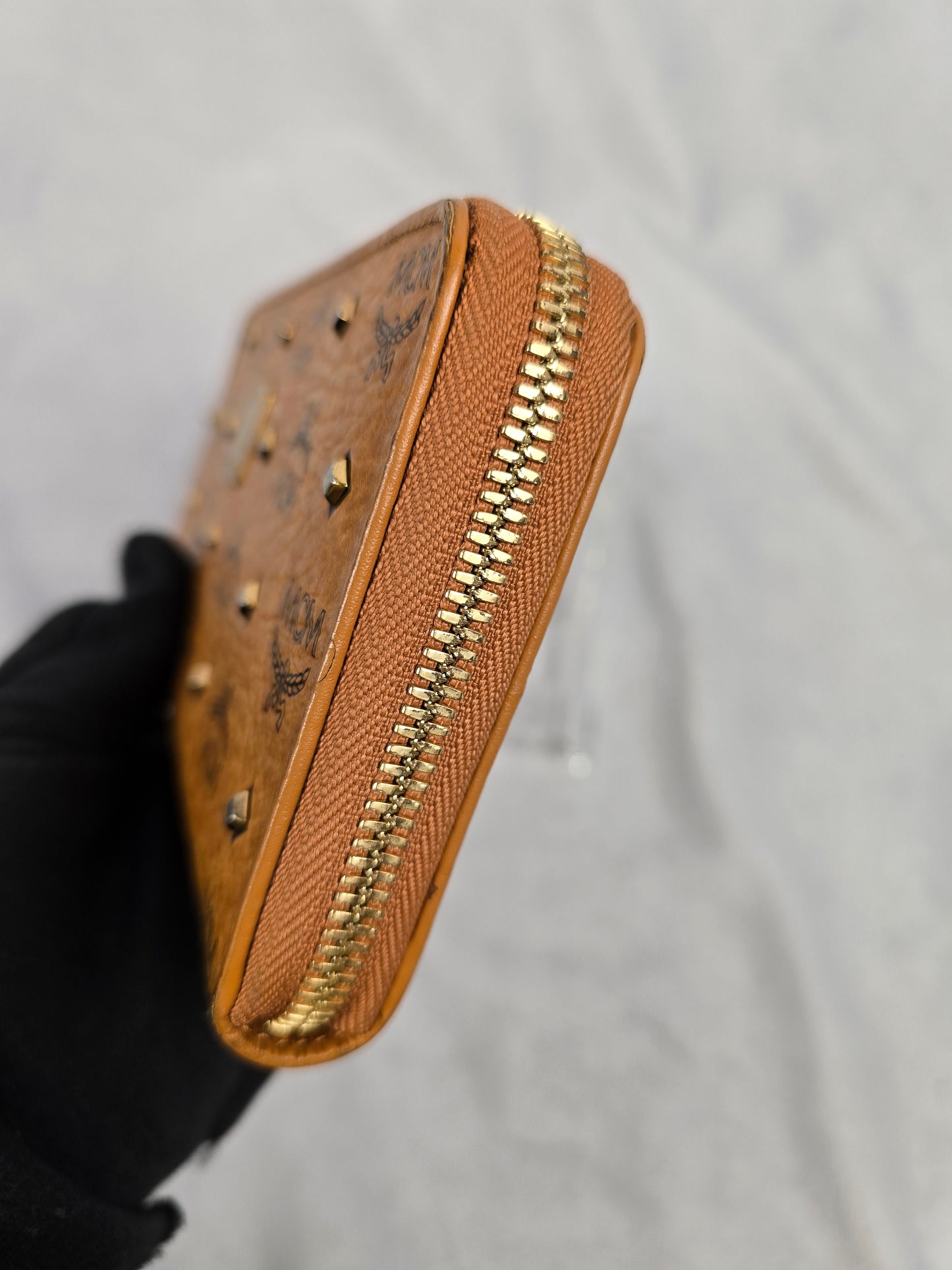 MCM Visetos Heritage Large Zip Around Wallet in Cognac