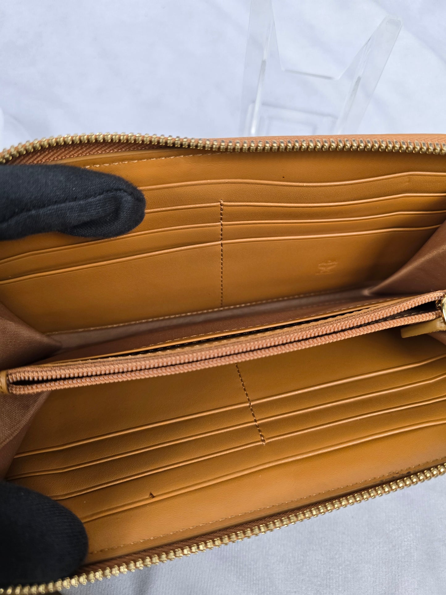 MCM Visetos Heritage Large Zip Around Wallet in Cognac