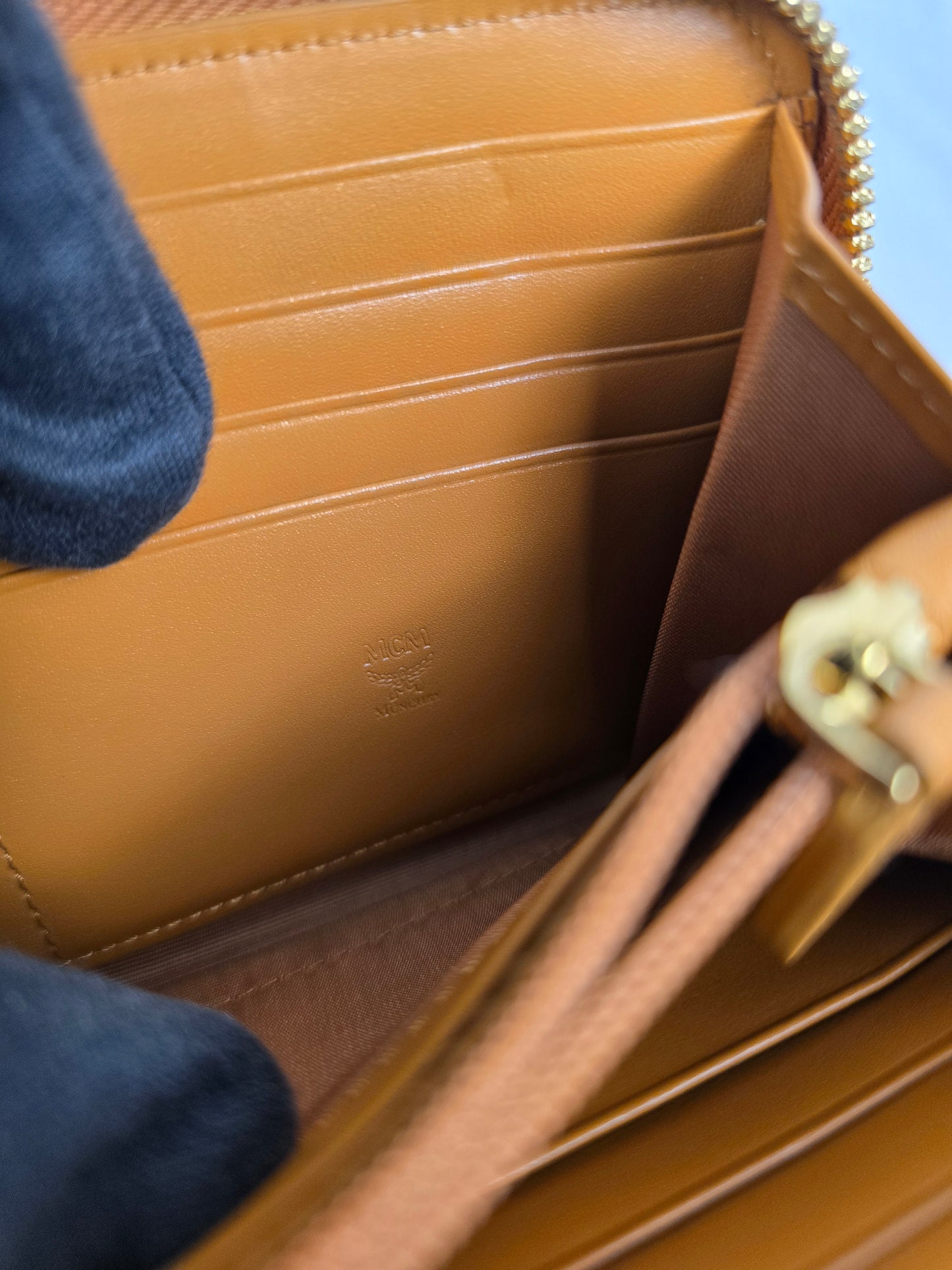 MCM Visetos Heritage Large Zip Around Wallet in Cognac
