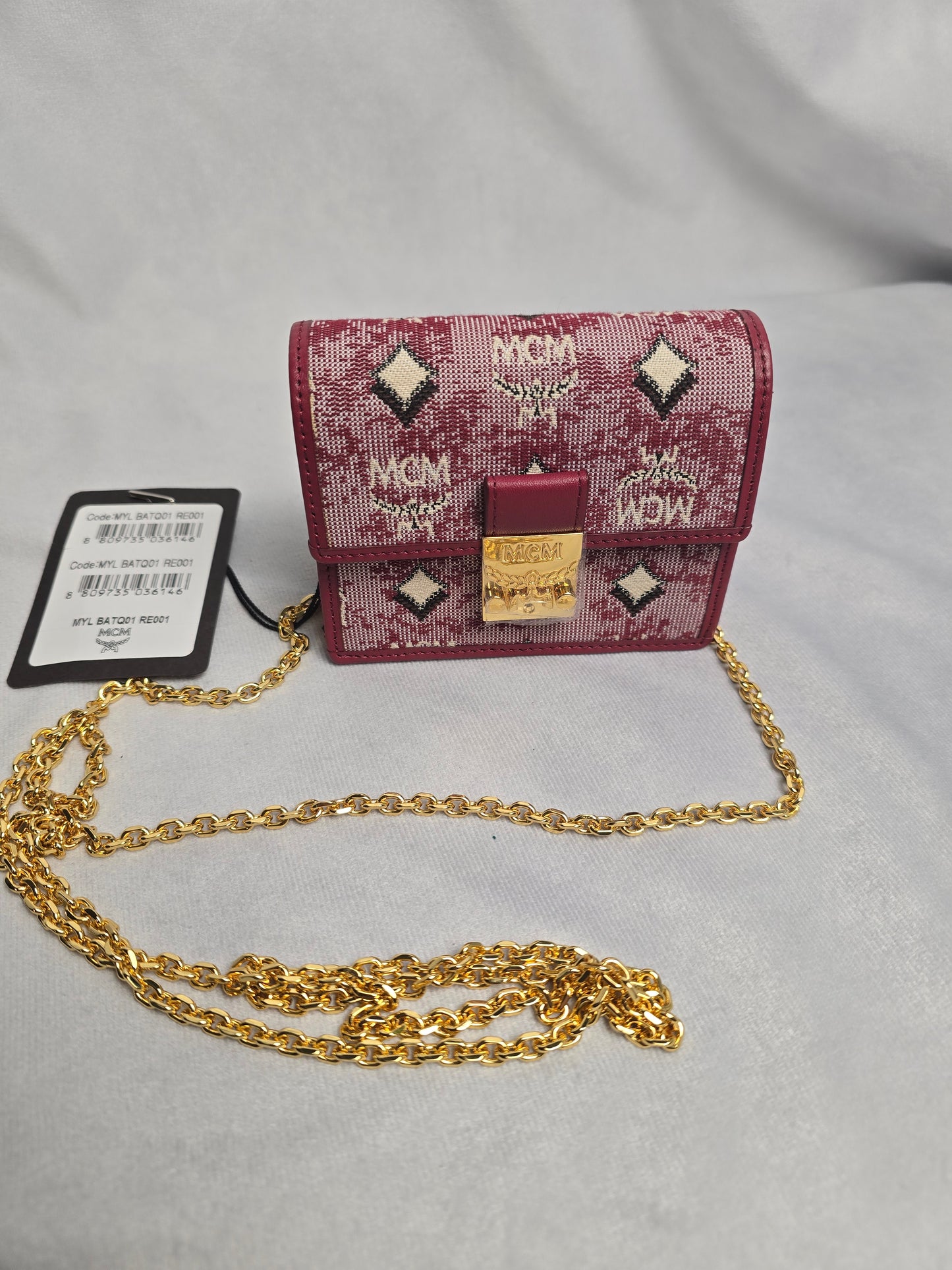 MCM Mini Denim Jacquard Purse/Card Wallet on Chain