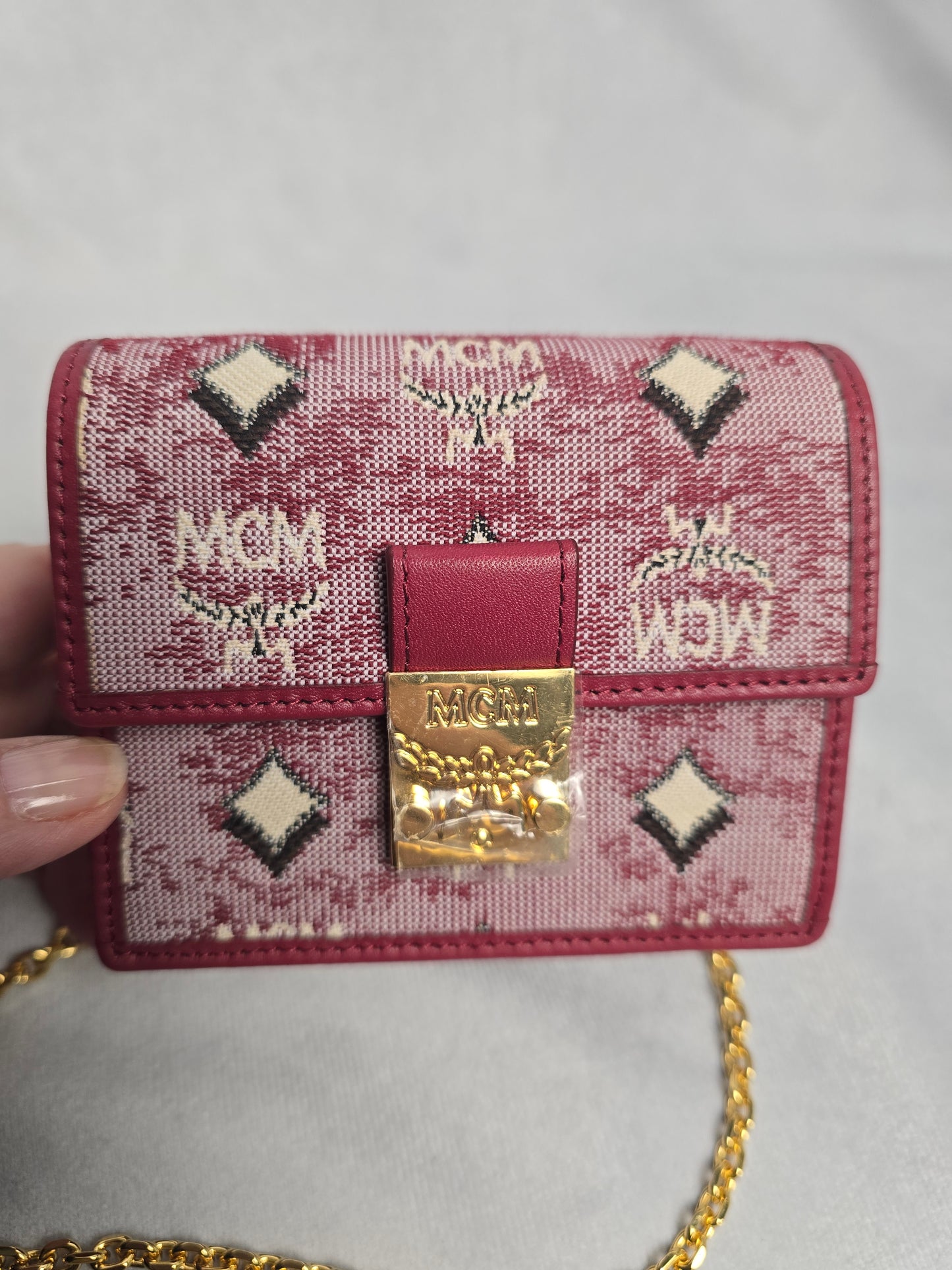 MCM Mini Denim Jacquard Purse/Card Wallet on Chain