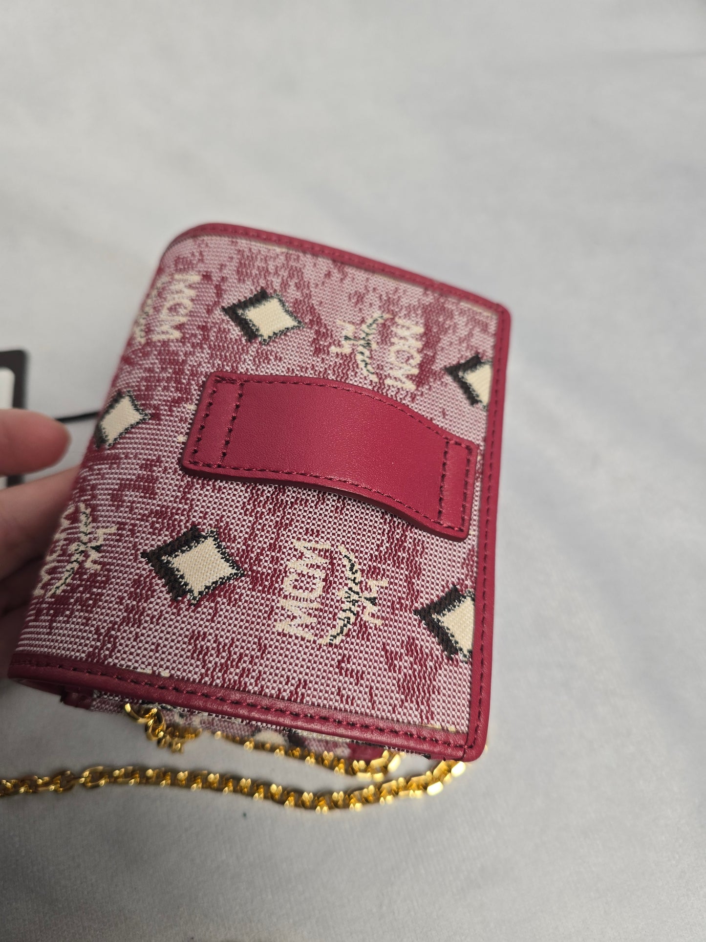 MCM Mini Denim Jacquard Purse/Card Wallet on Chain