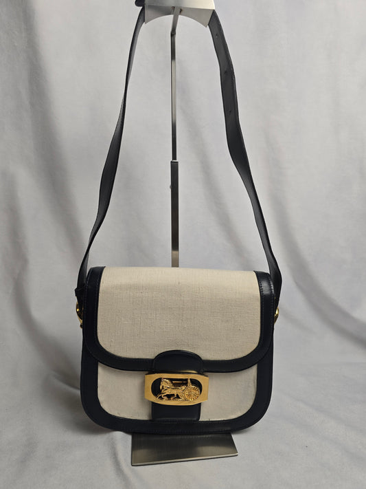 Celine Vintage Horse Carriage Shoulder Bag in Navy/Beige