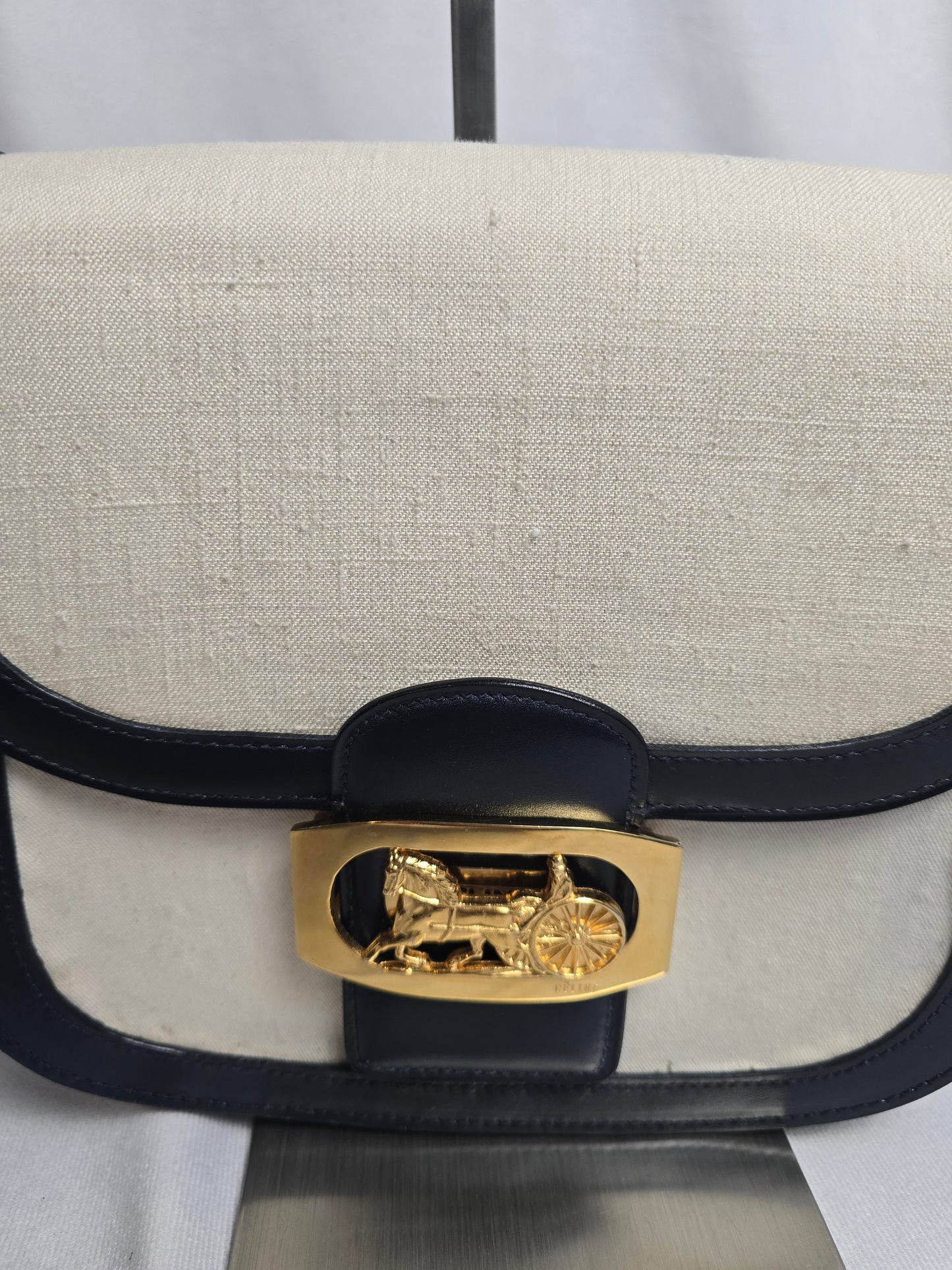 Celine Vintage Horse Carriage Shoulder Bag in Navy/Beige
