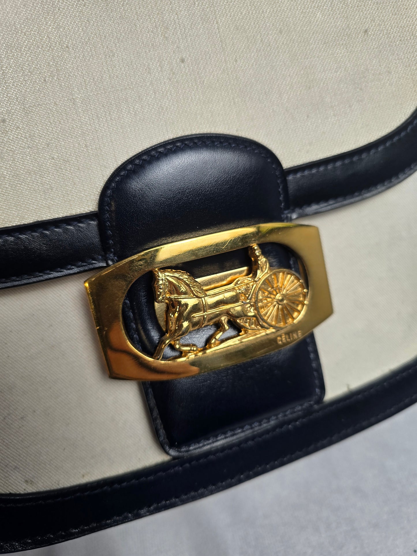 Celine Vintage Horse Carriage Shoulder Bag in Navy/Beige