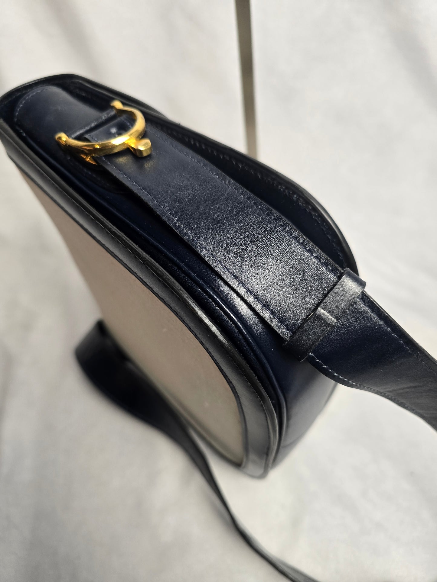 Celine Vintage Horse Carriage Shoulder Bag in Navy/Beige