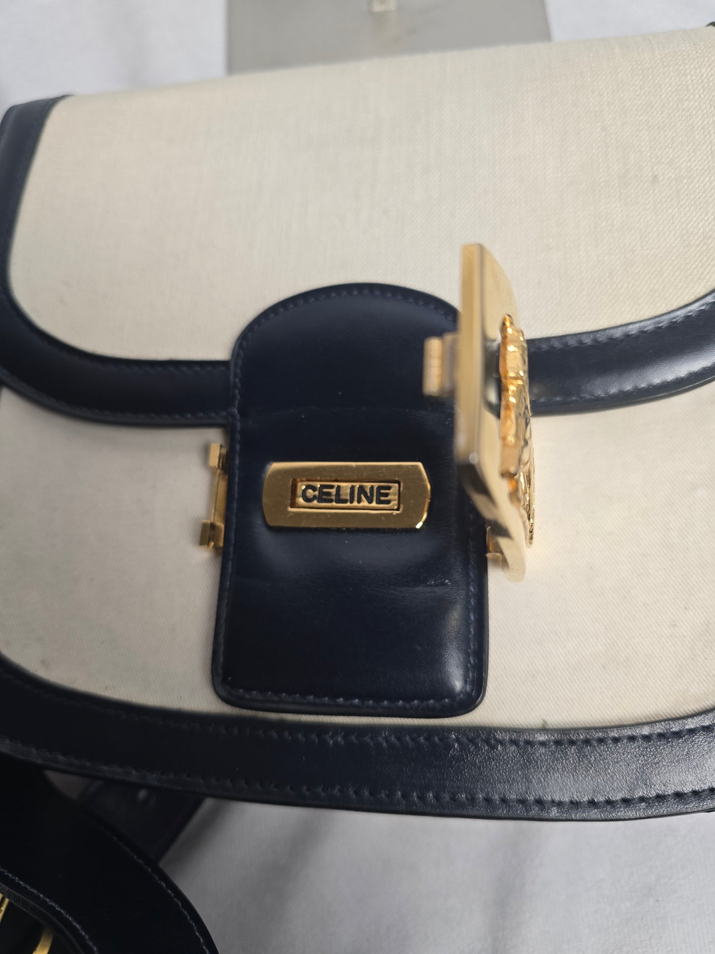 Celine Vintage Horse Carriage Shoulder Bag in Navy/Beige