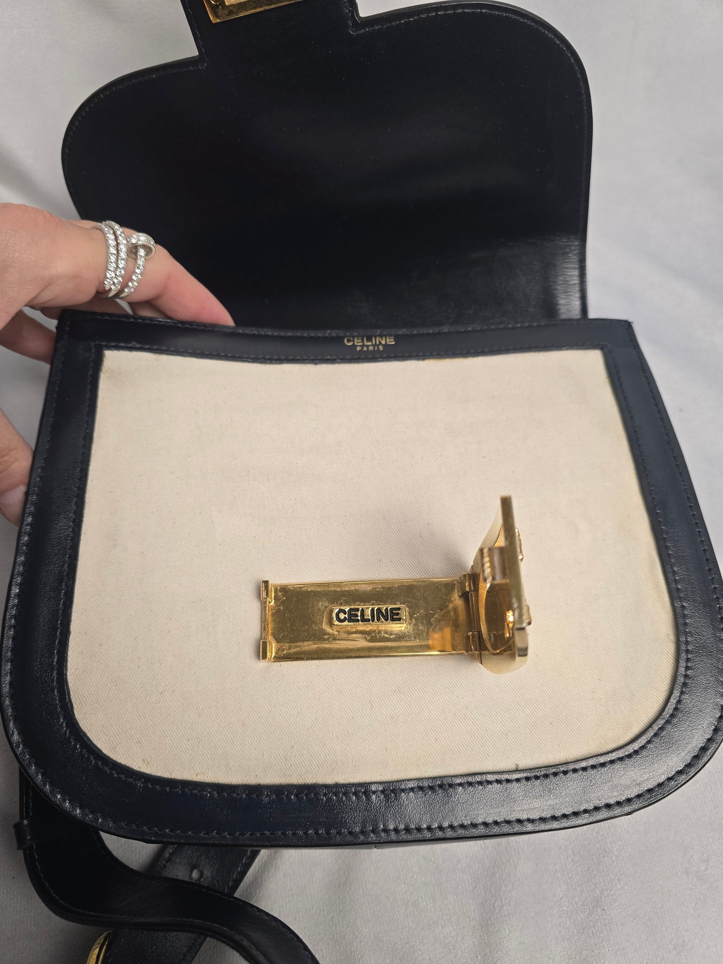 Celine Vintage Horse Carriage Shoulder Bag in Navy/Beige