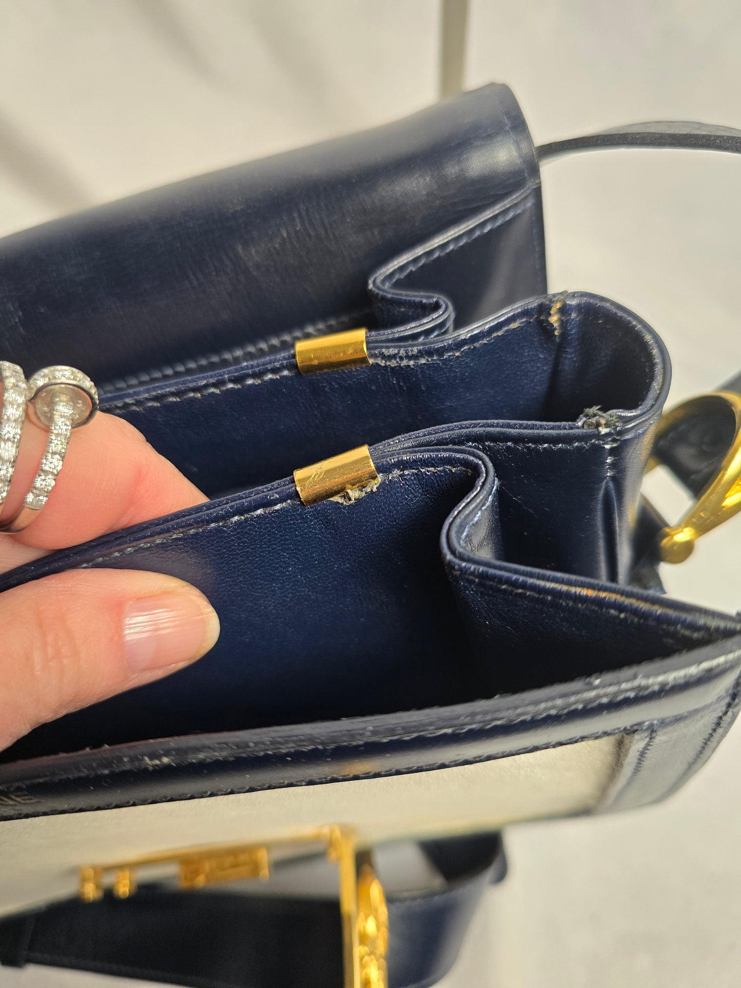 Celine Vintage Horse Carriage Shoulder Bag in Navy/Beige